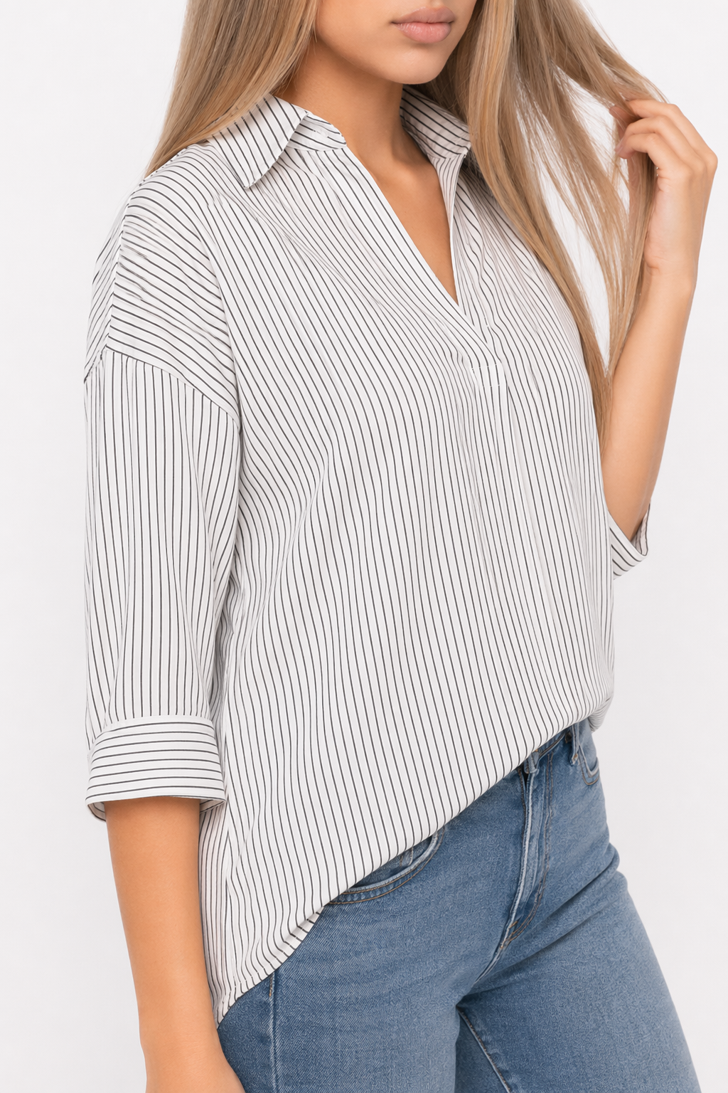 Quarter Sleeve Striped Shirt for Women with V-Neck Design White