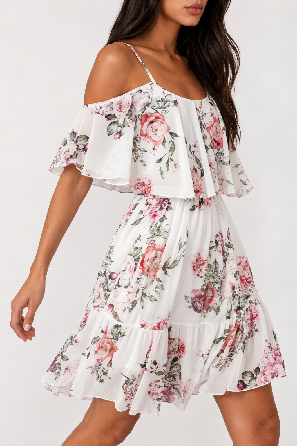 Chiffon Beach Dress with Ruffled Cold Shoulder for Women White