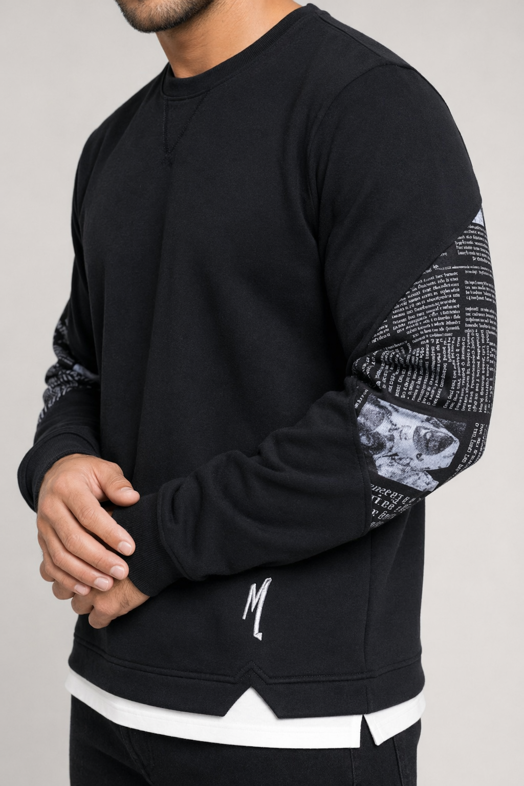Layered Look Men's Sweatshirt with Elbow Prints Black