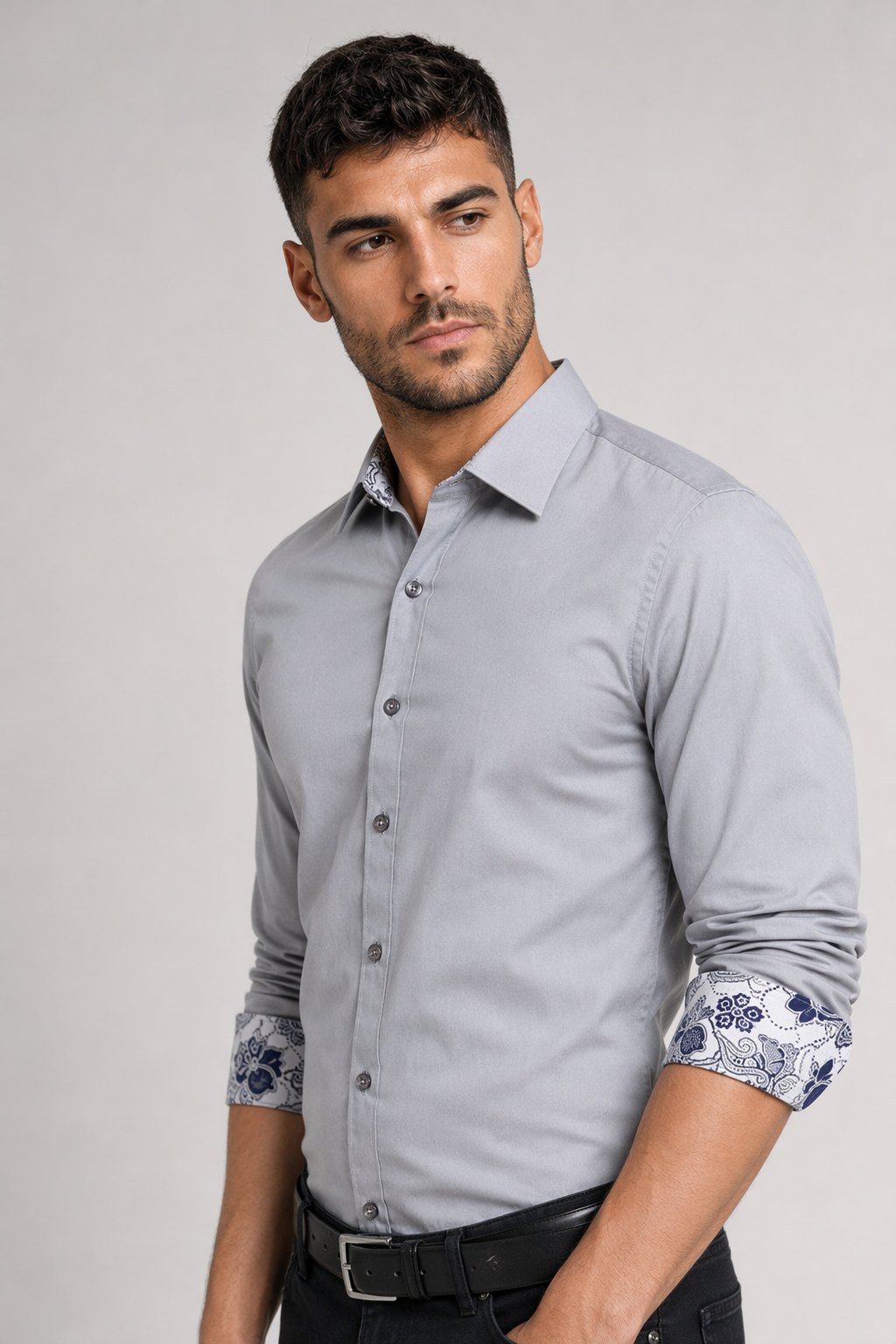 Flowery Inner Details Men's Button-Down Shirt Gray