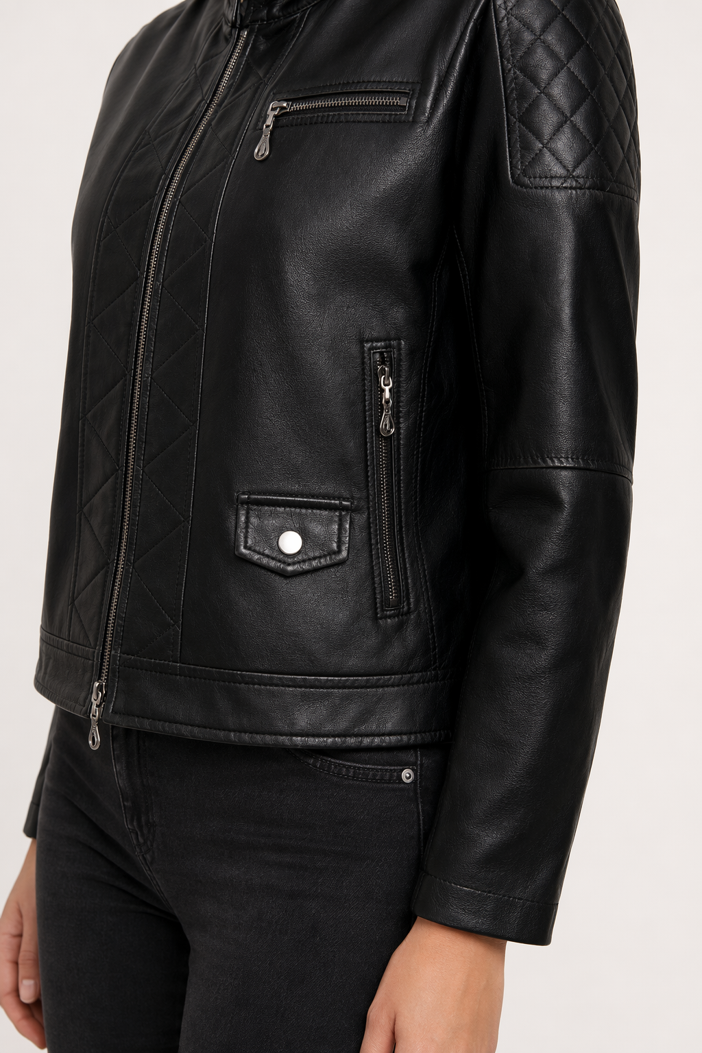 Quilted Faux Leather Jacket for Women Black