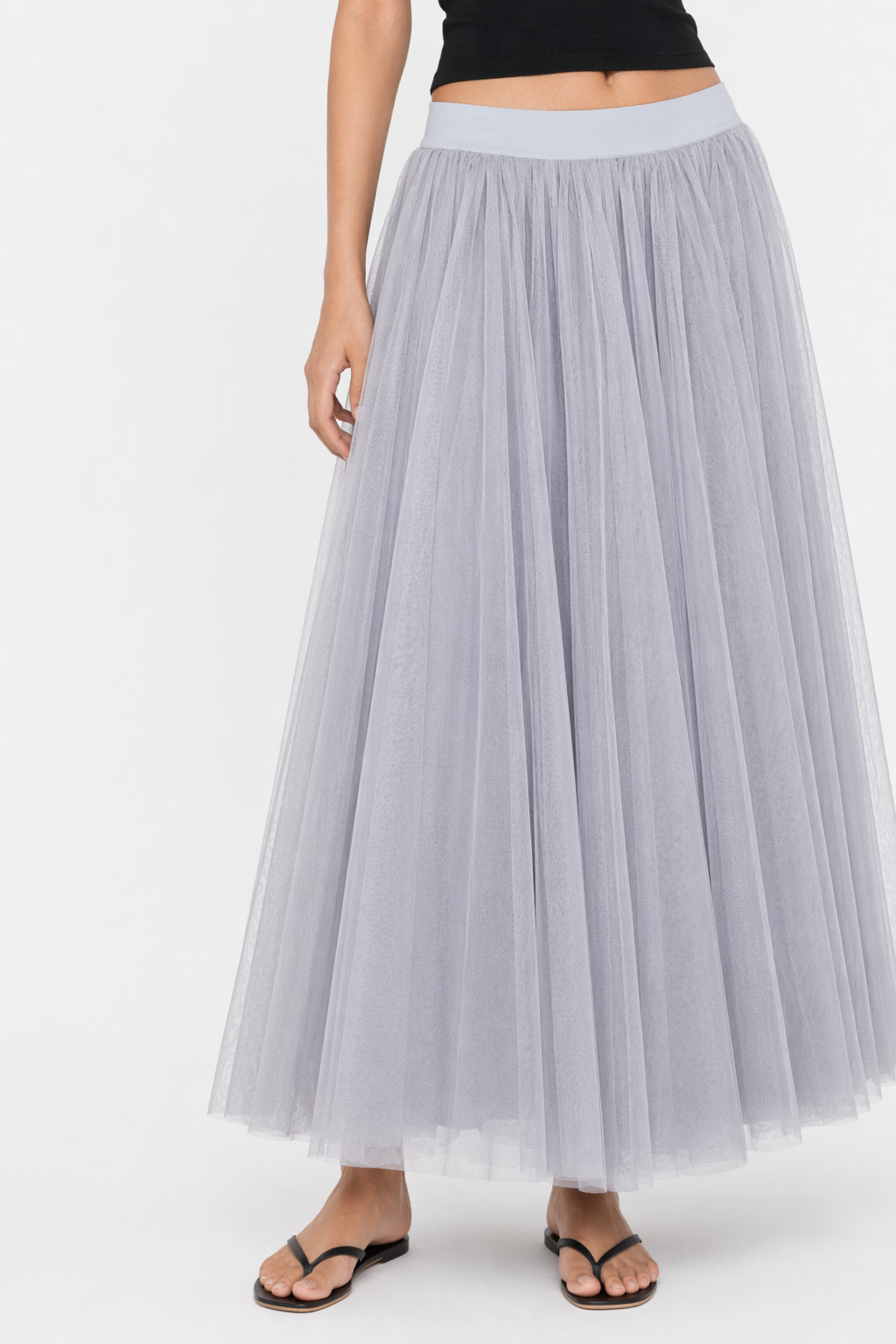 Summer Long Skirt with Elastic Waistband and 3 Layers Gray