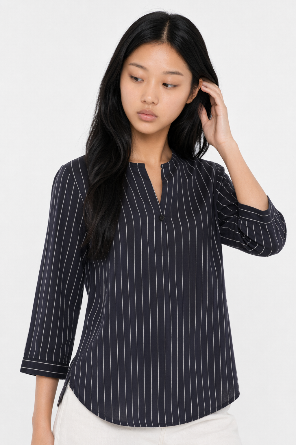 Button-Up Striped Shirt for Women Navy