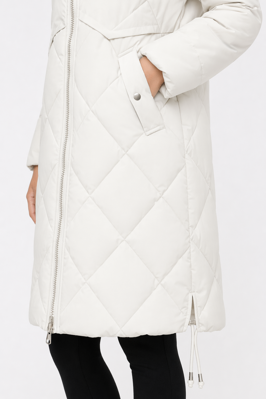 Long Coat for Women with a Hood Fur Trim and Zipper Closure Off White