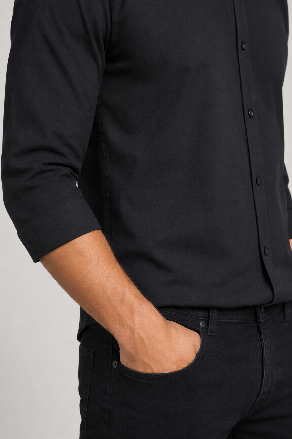 Button-Up Shirt for Men with Three-Quarter Sleeves Black