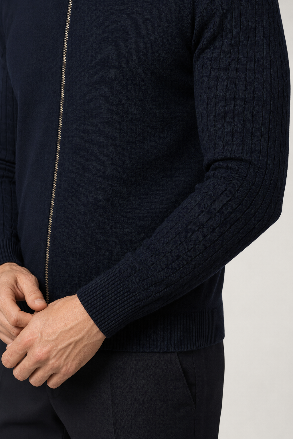 Zip Up Men's Cardigan with Round Neck Navy