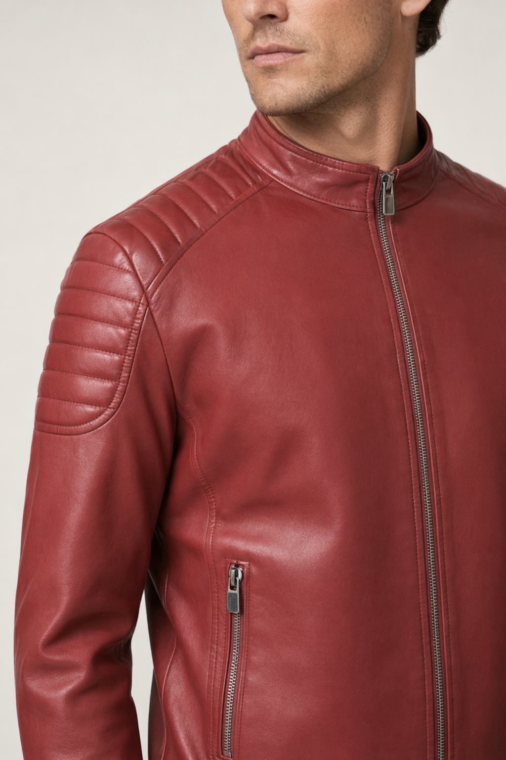 Slim-Fit Red Faux Leather Biker Jacket for Men Default