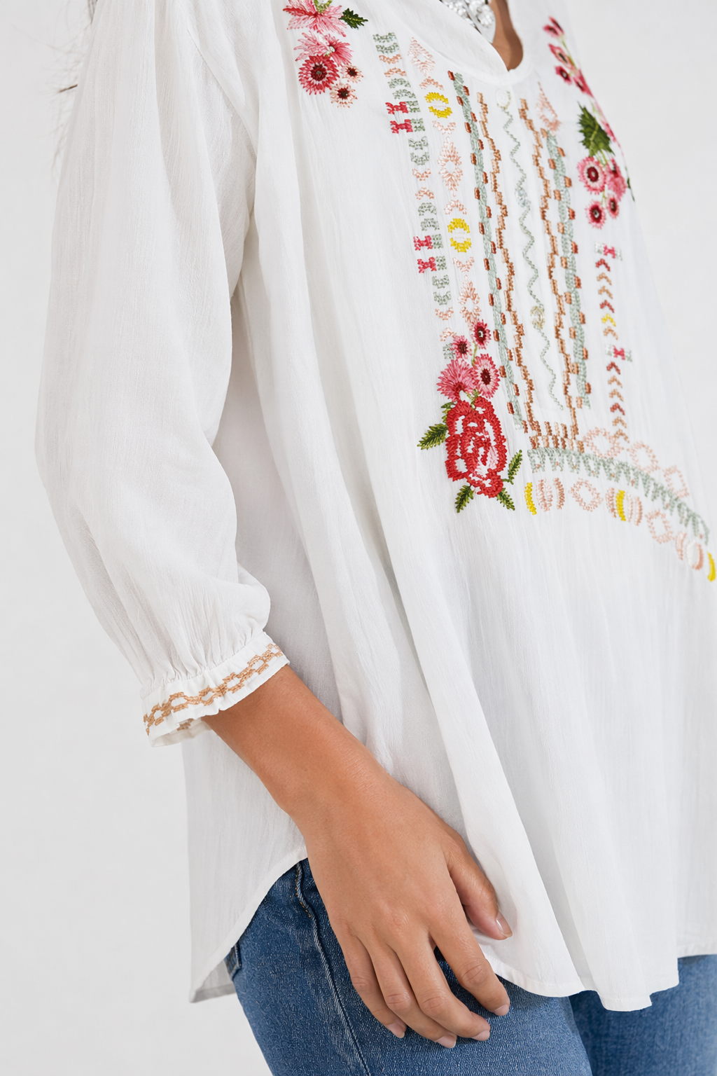Embroidered Top with Three-Quarter Sleeves for Women White