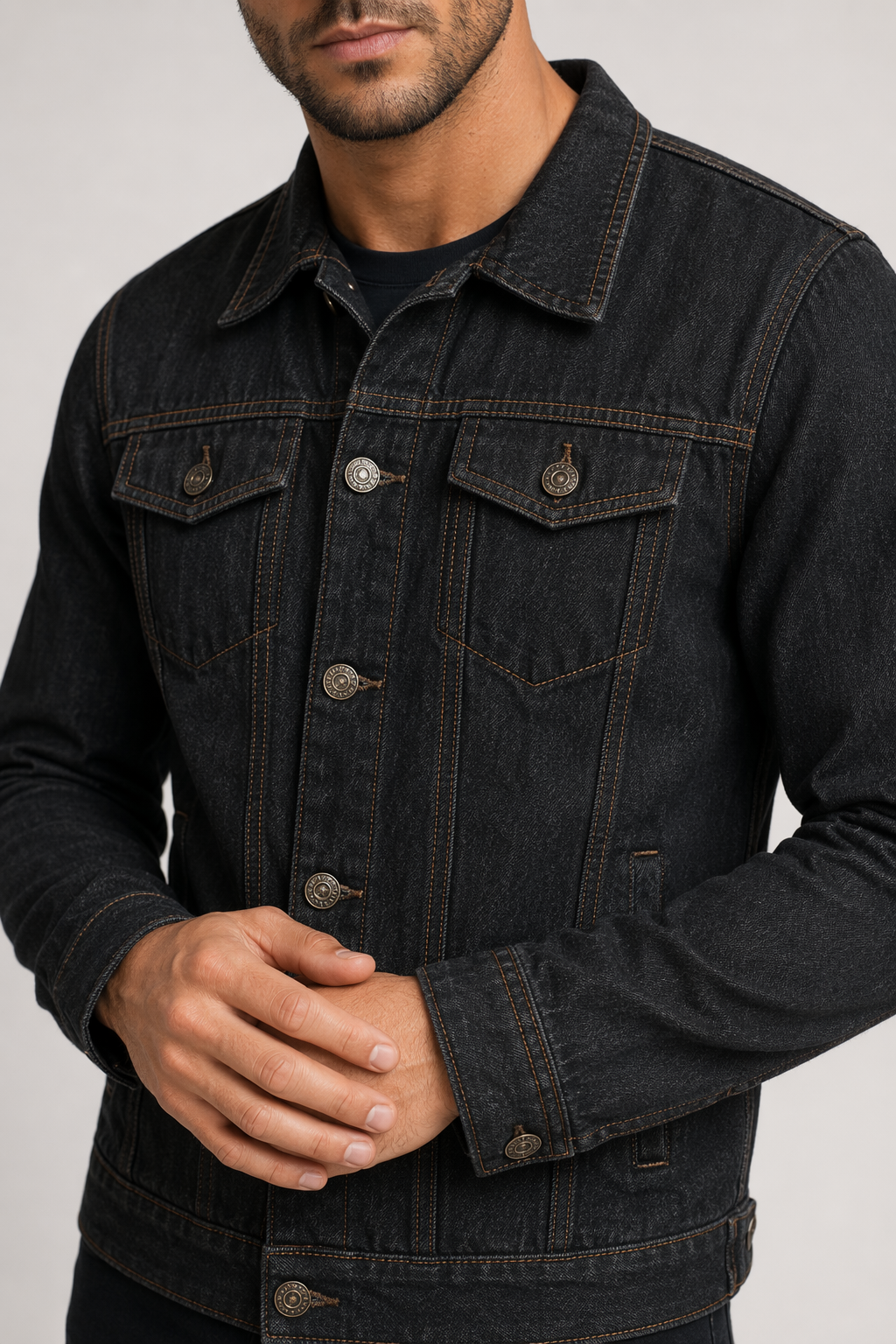 Classic Denim Jacket with Dual Pockets for Men Black