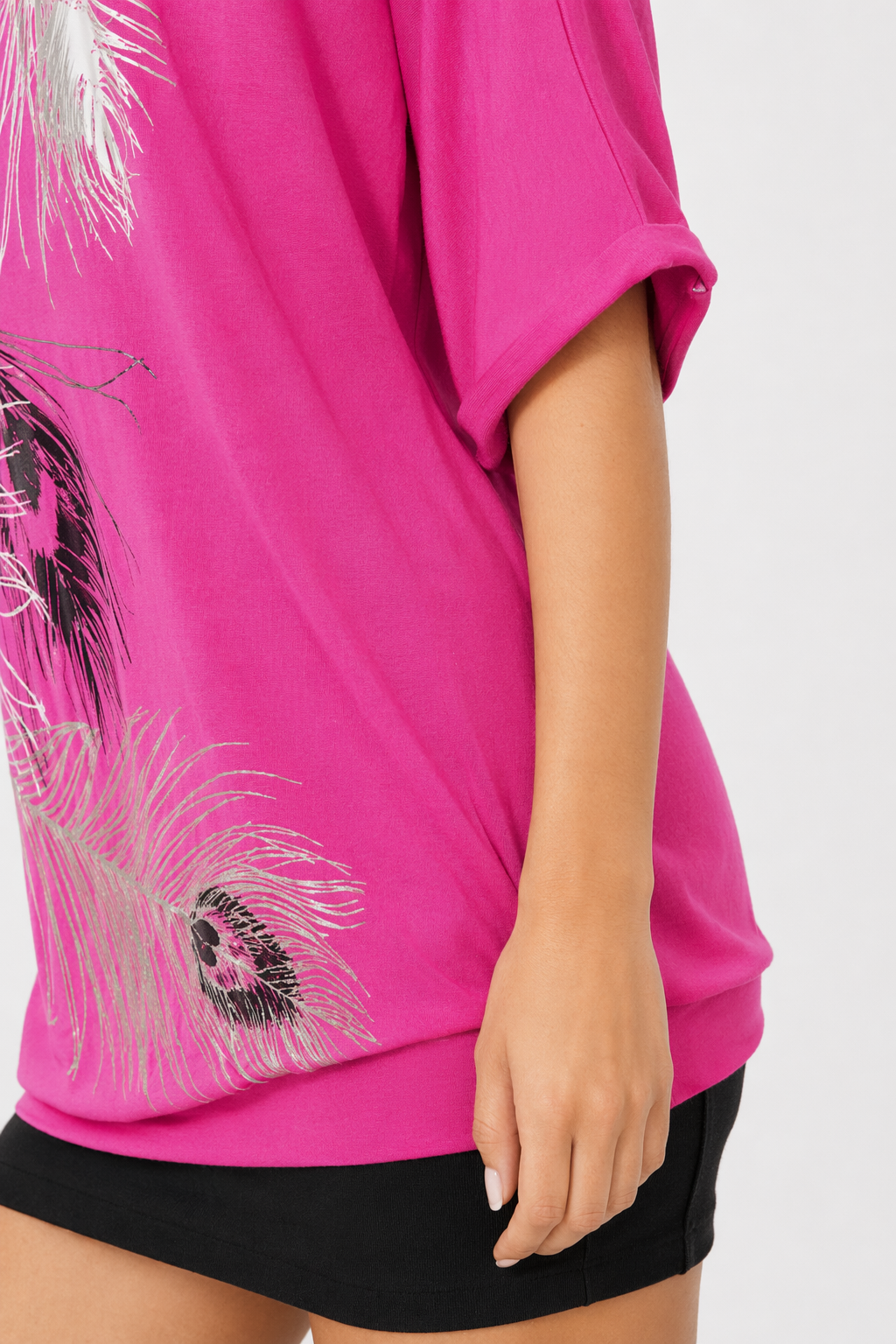 Casual T-Shirt with Feather Print - Women's Off-Shoulder Style Pink