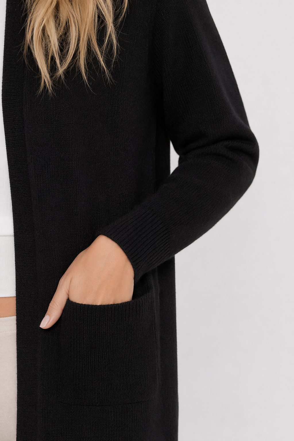 Knitted Open Cardigan for Women - Medium Length Black