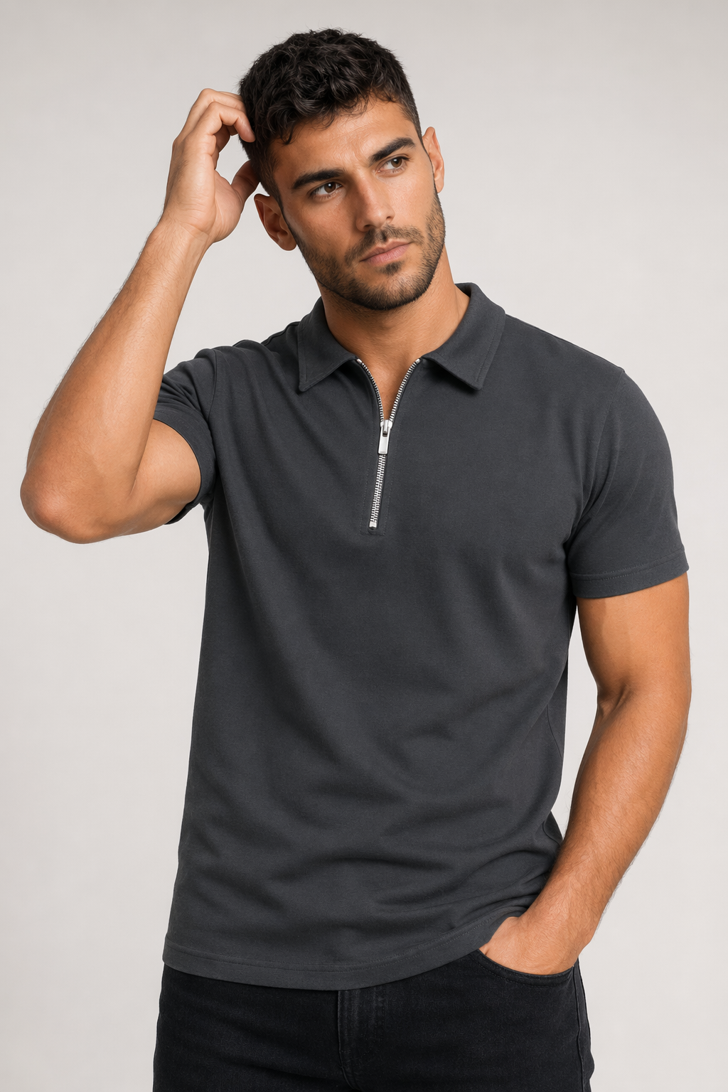 Zipper Polo Shirt for Men with Short Sleeves Dark Gray