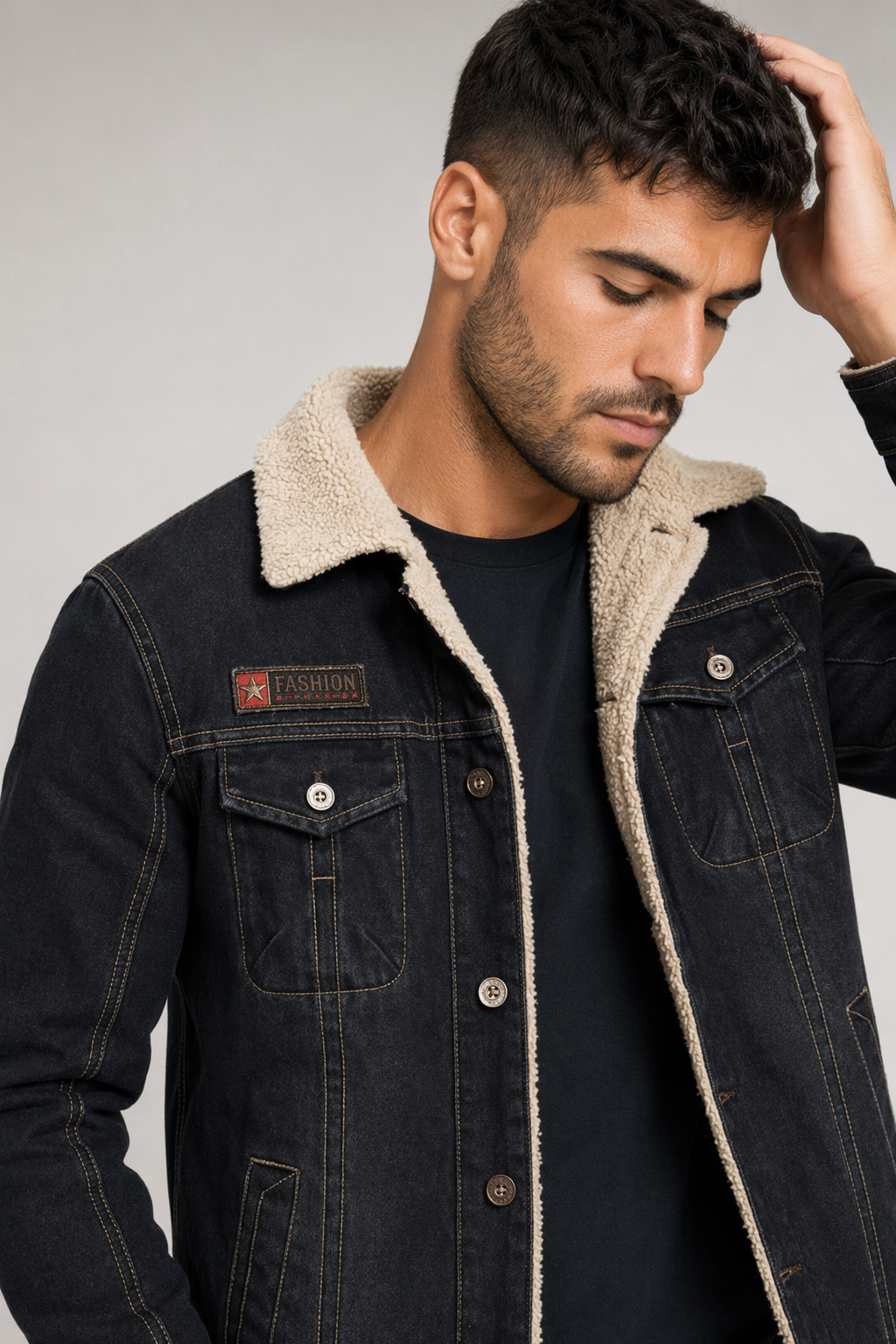 Black Denim Winter Jacket for Men Default