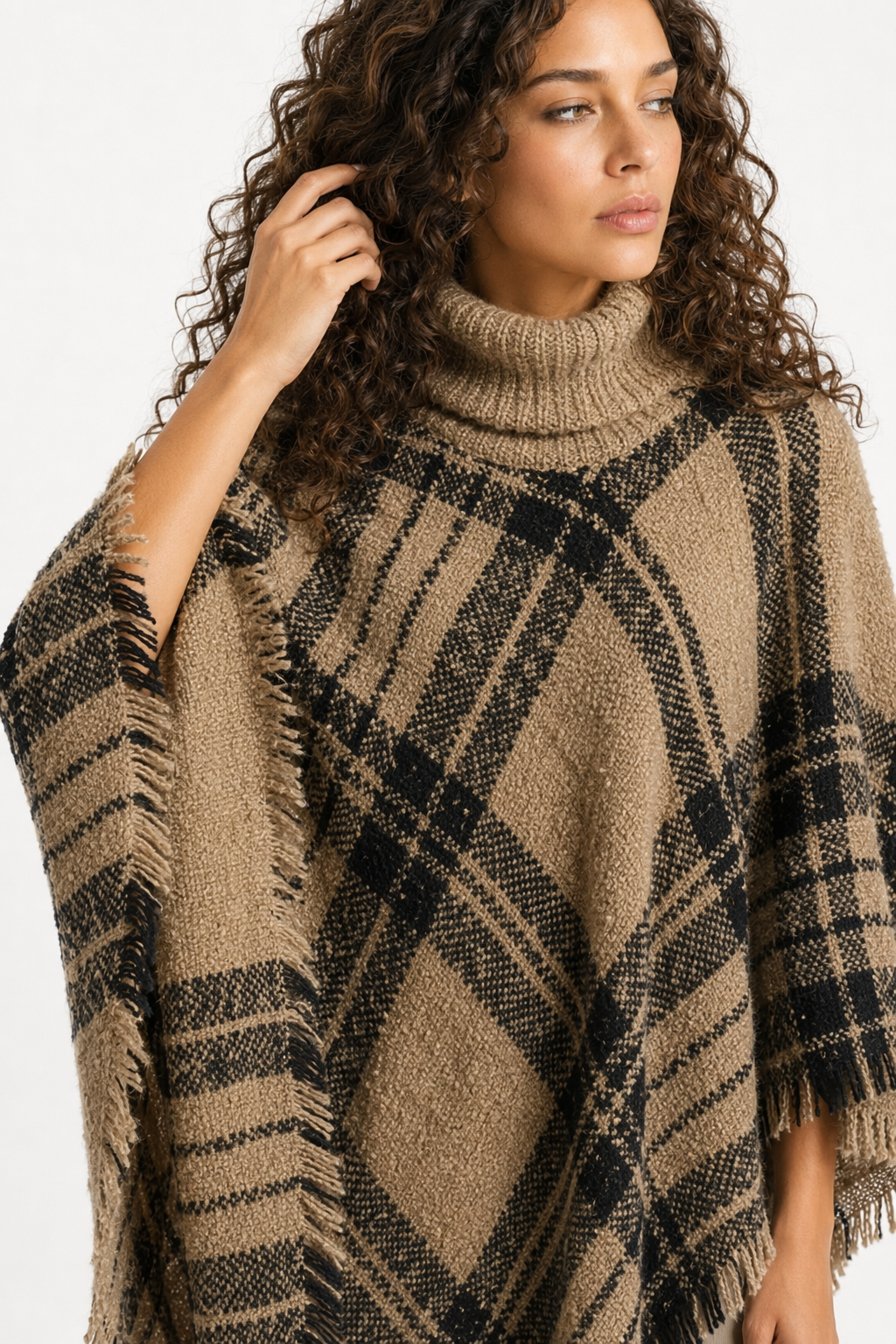 Turtleneck Poncho for Women Khaki