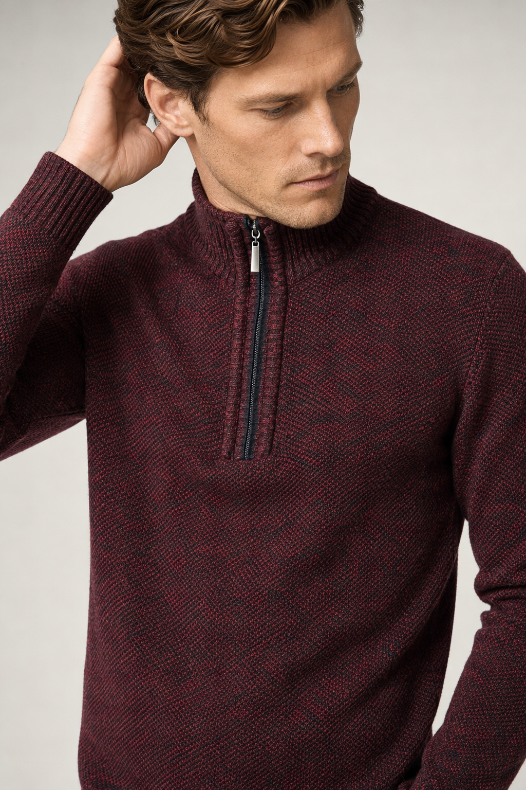 Zippered High Collar Men's Sweater Wine