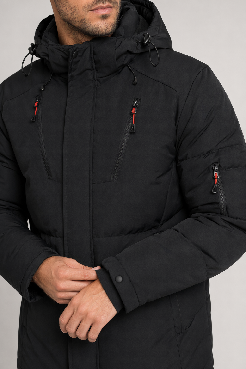 High Collar Men's Puffer Jacket with Detachable Hood Black