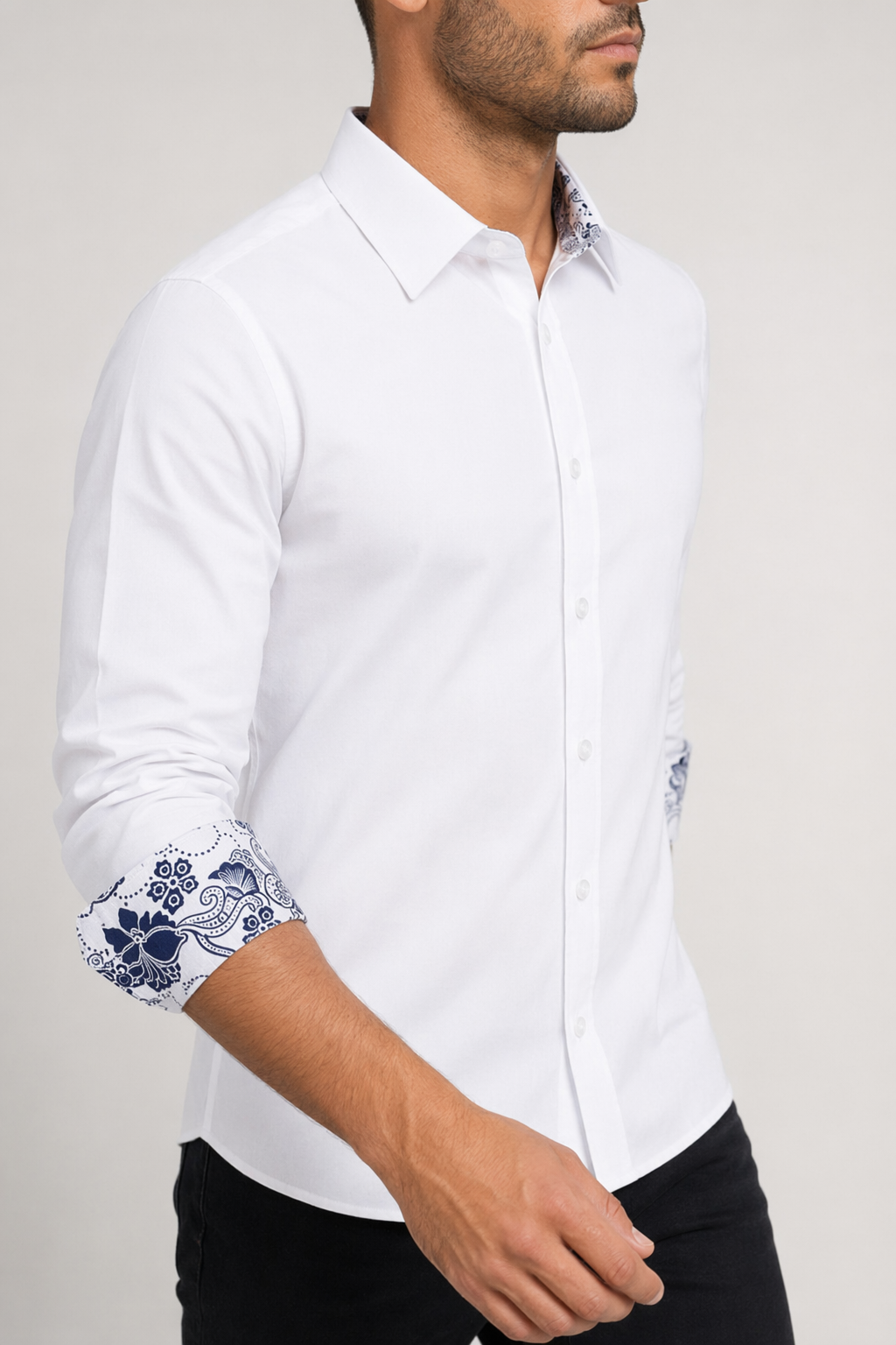 Flowery Inner Details Men's Button-Down Shirt White