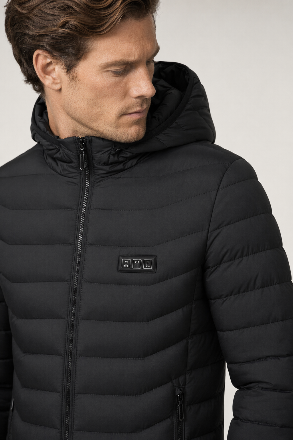 Winter Coat with Detachable Hood and USB-Powered Heating Element for Wind Resistance Black