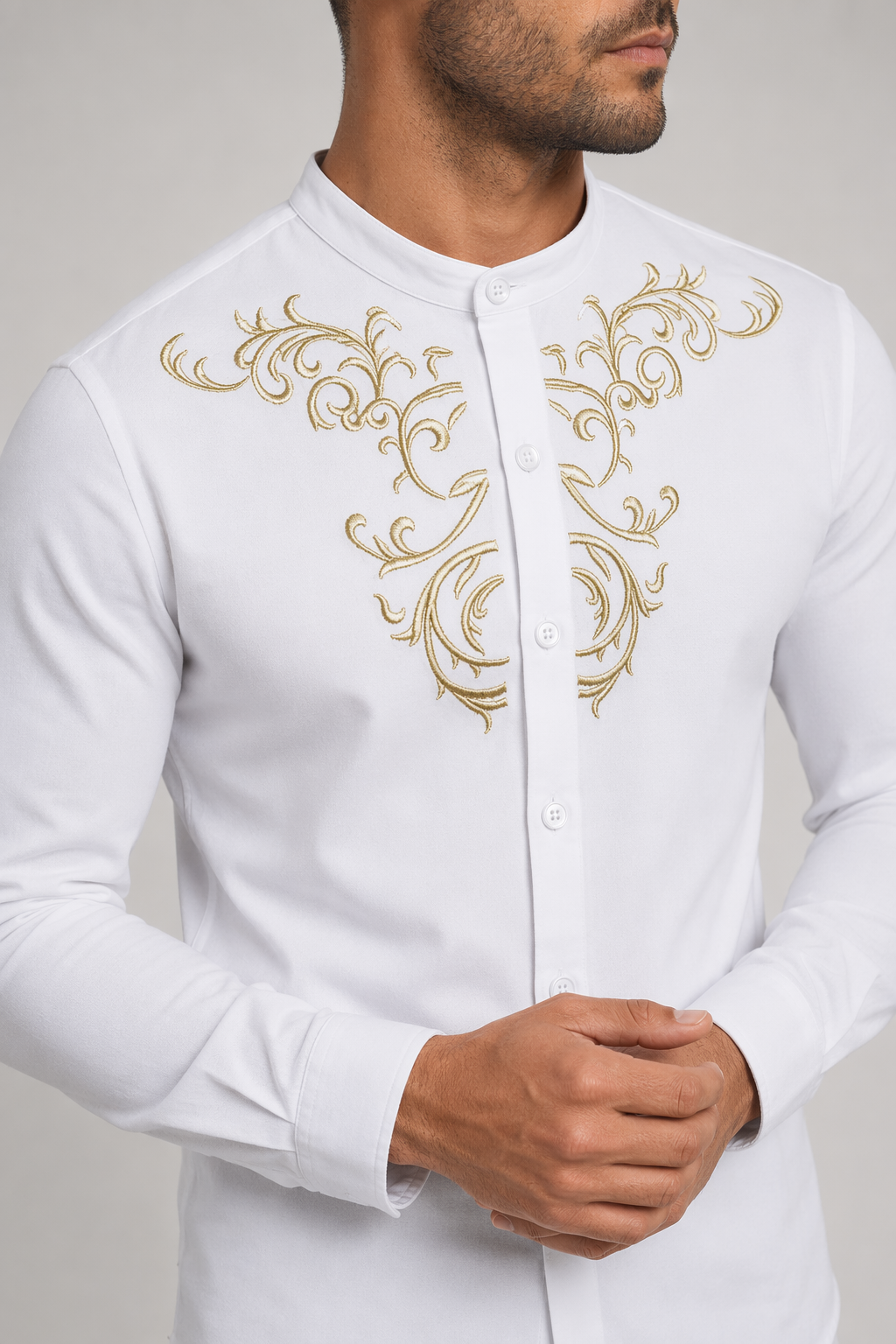 Slim Fit Men's Floral Embroidered Button Down Shirt White