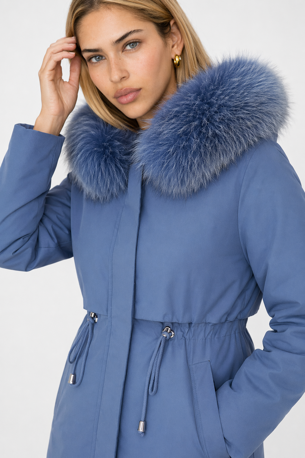 Detachable Faux Fur Lined Women's Long Coat with Hood Blue