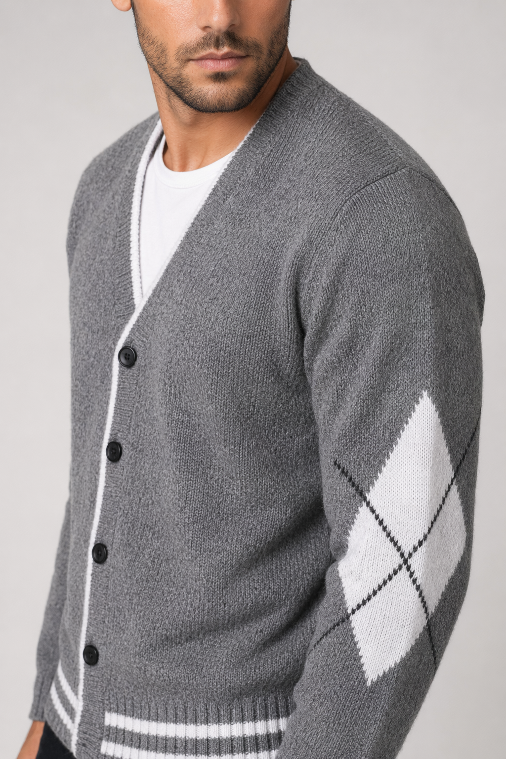 Men's Sweater with Crossed Elbow Patch and V-Neckline Gray