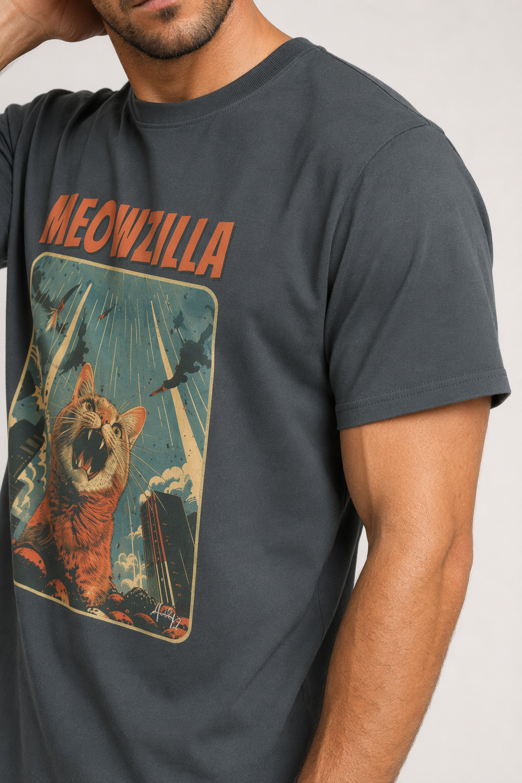 Meowzilla Retro Graphic Tee Smoke Grey