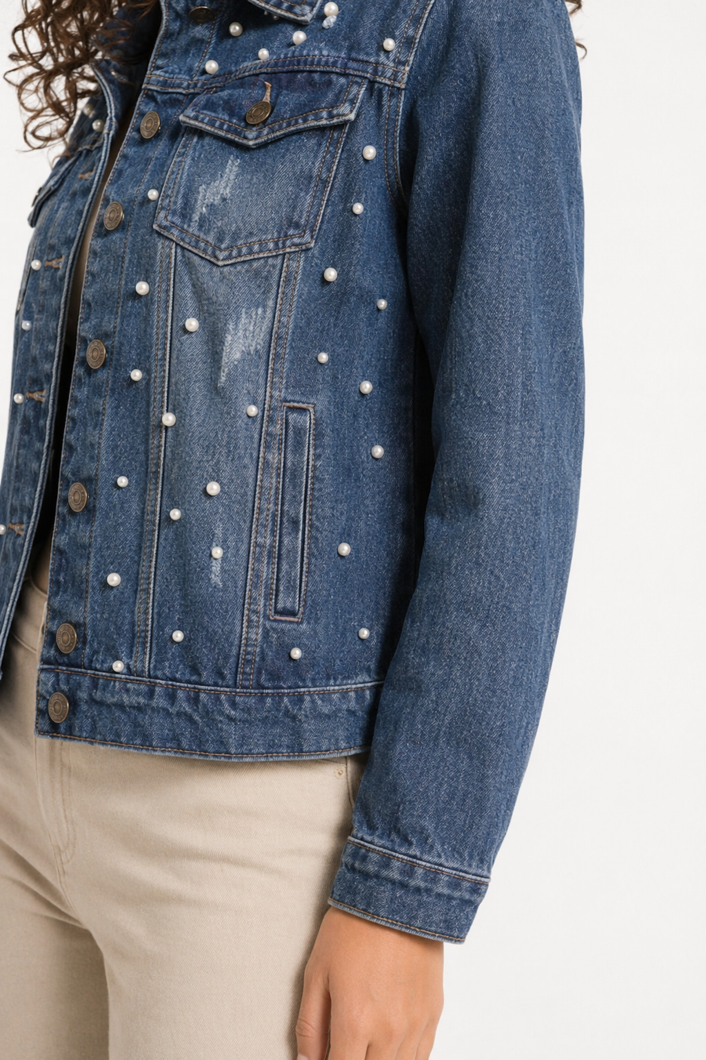 Denim Jacket for Women Adorned with Pearls Default