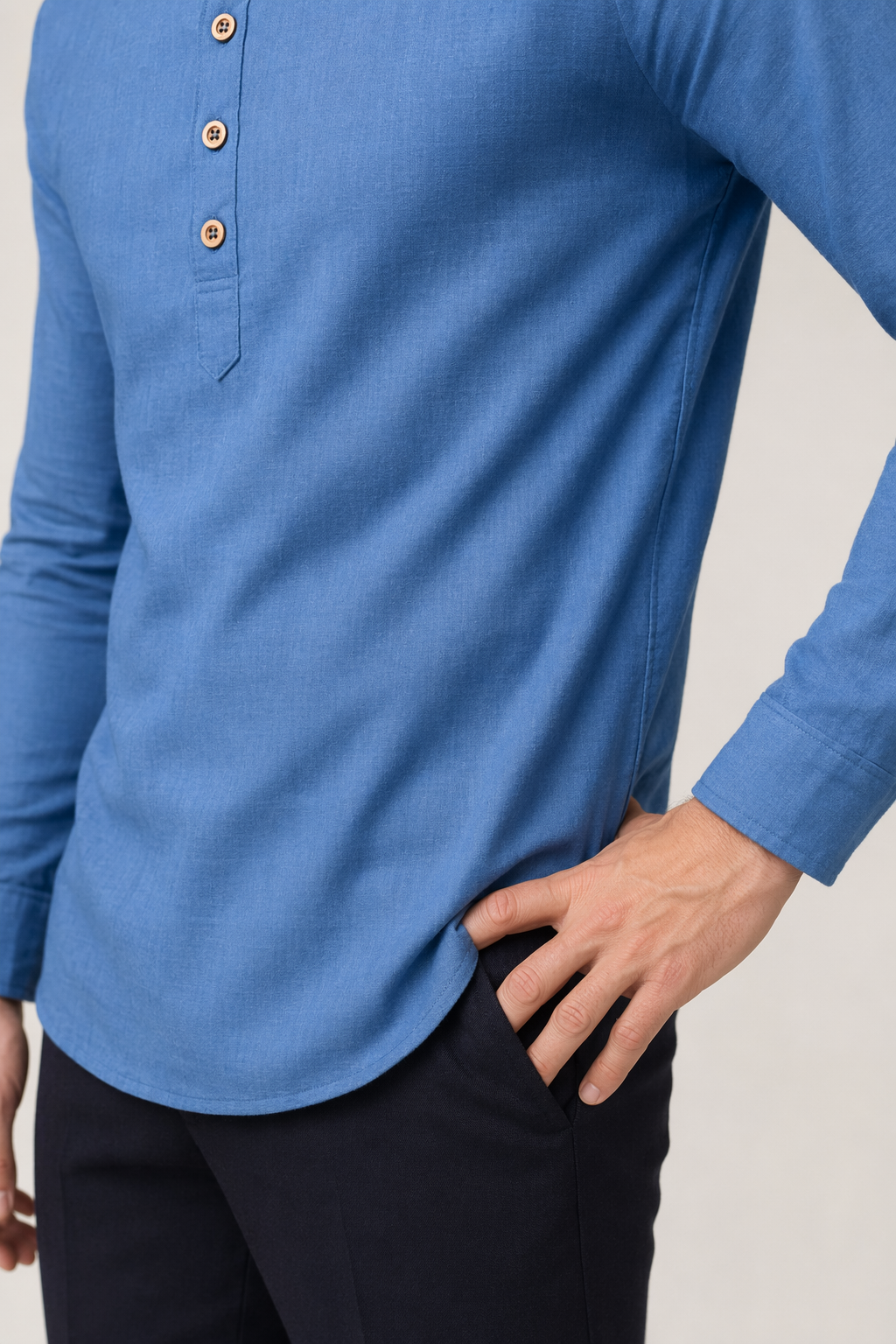 Linen Half-Button Round Neck Men's Shirt Blue