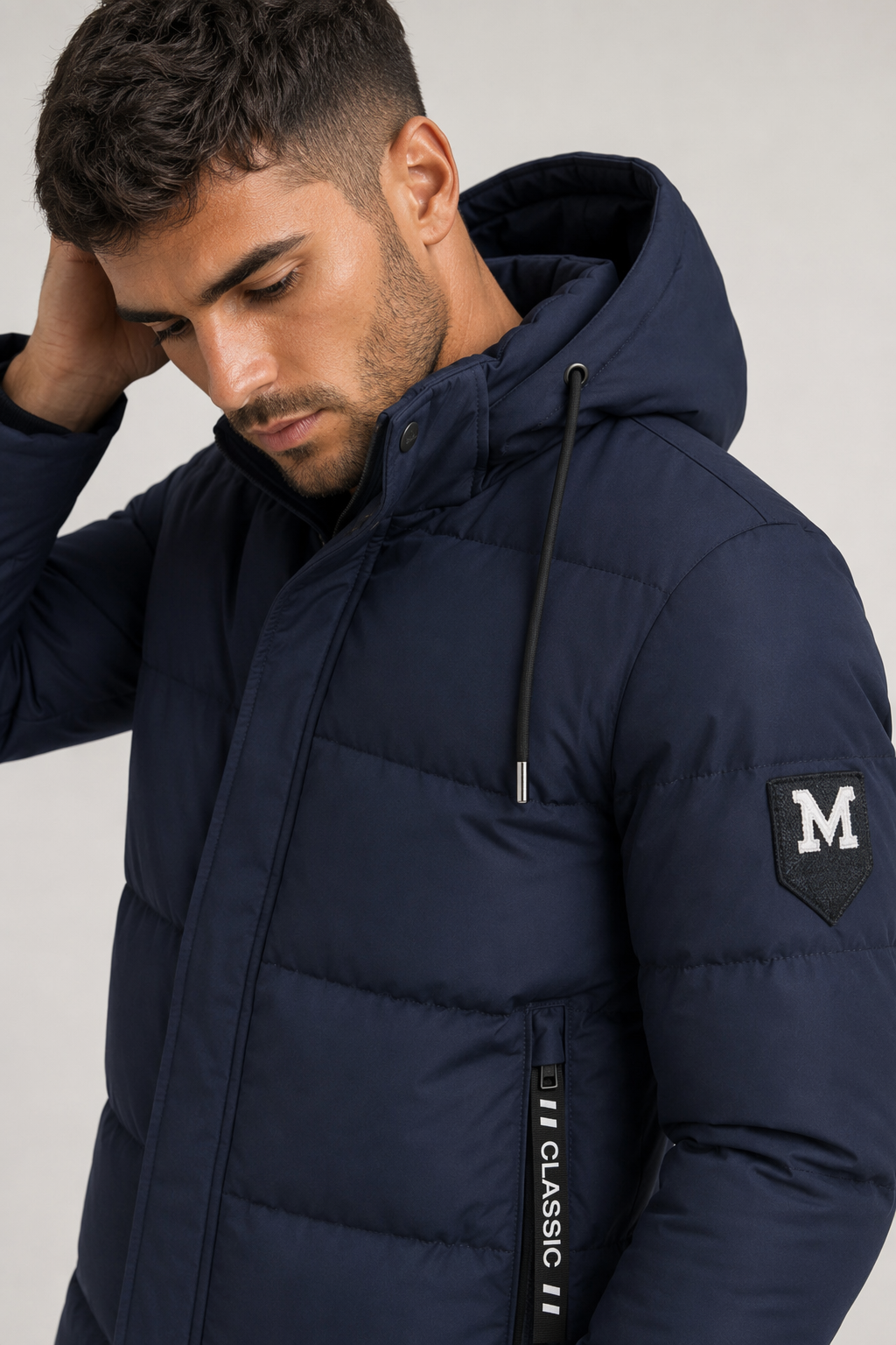 High Collar Men's Puffer Jacket with Detachable Hood Blue