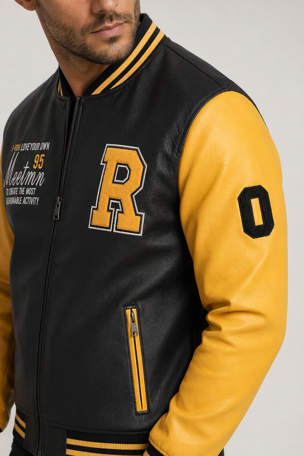 Men's Synthetic Leather Baseball Jacket Yellow