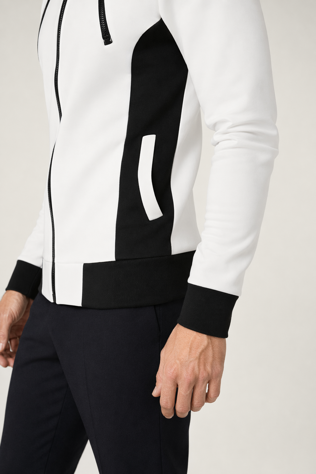 High Collar Men's Hoodie with Contrasting Cuffs White