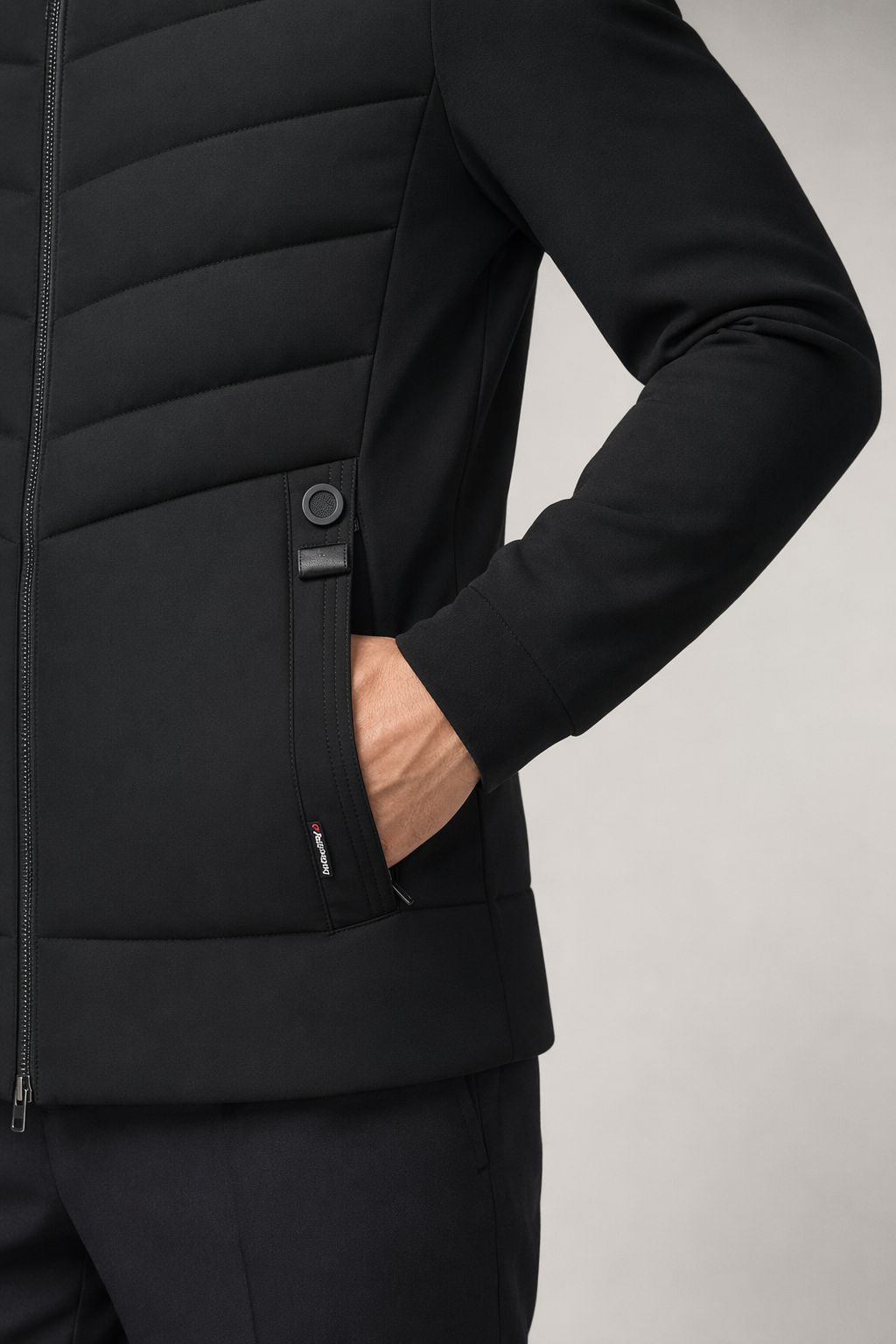 Mid-Length Men's Zip-Up Jacket with Detachable Hood Black