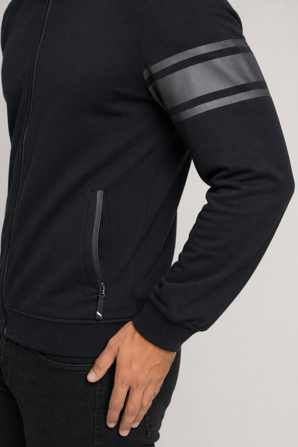 Striped Sleeve Zip-Up Bomber Jacket for Men Black
