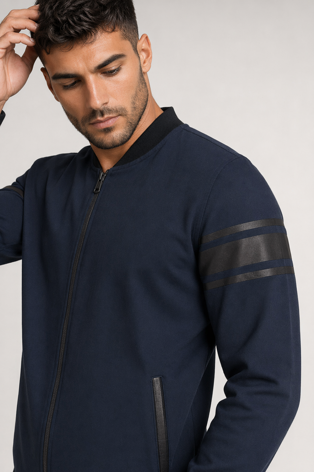 Striped Sleeve Zip-Up Bomber Jacket for Men Navy