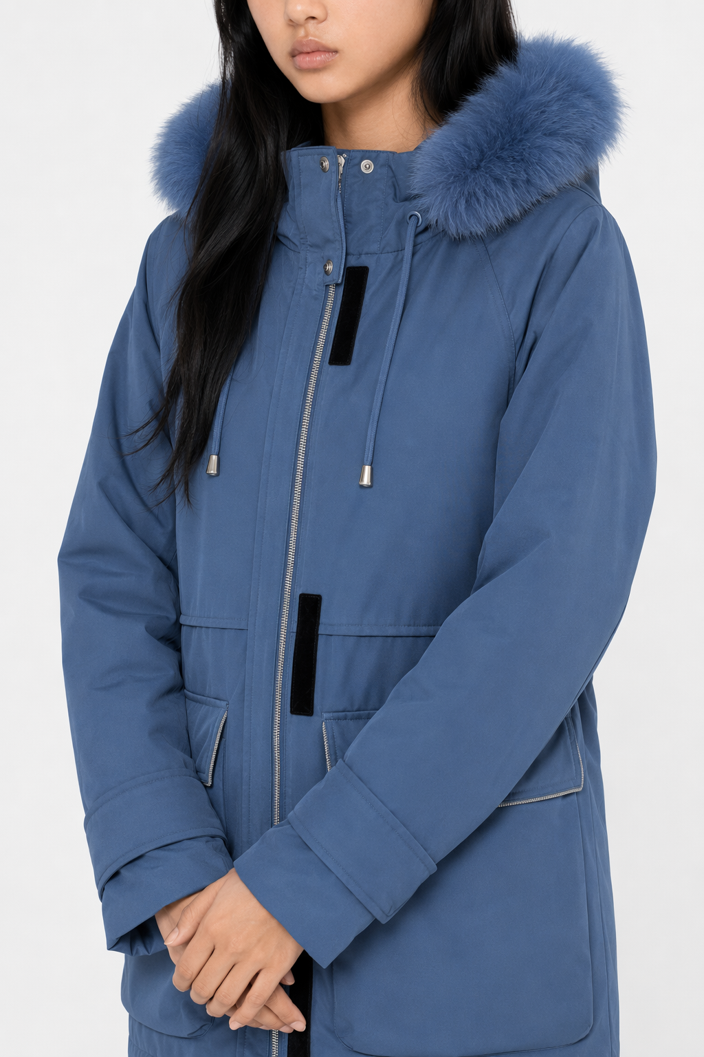 Mid-Length Women's Coat with Zipper and Faux Fur Hood Blue