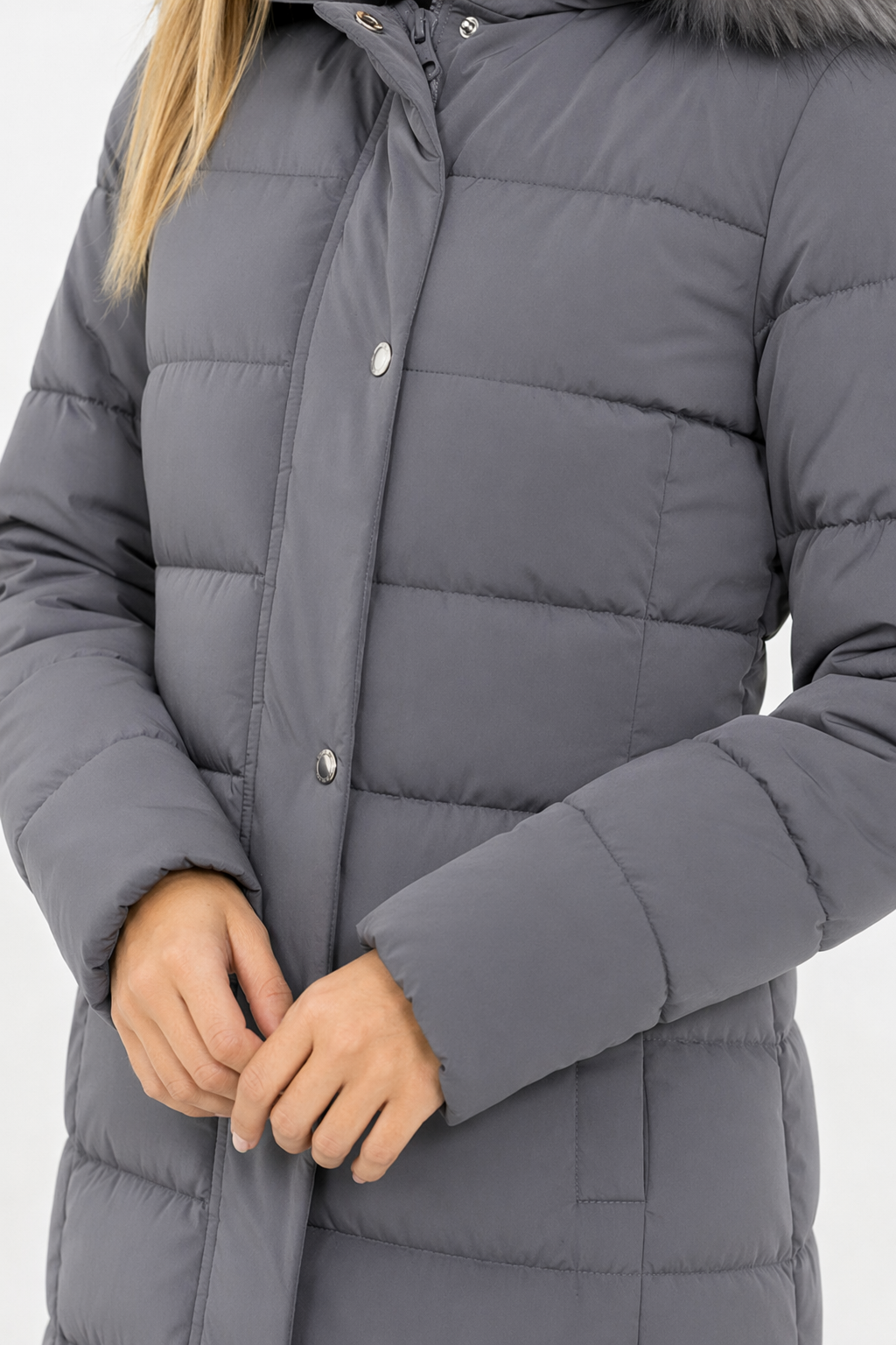 Long Coat for Women with Detachable Faux Fur Hood Gray