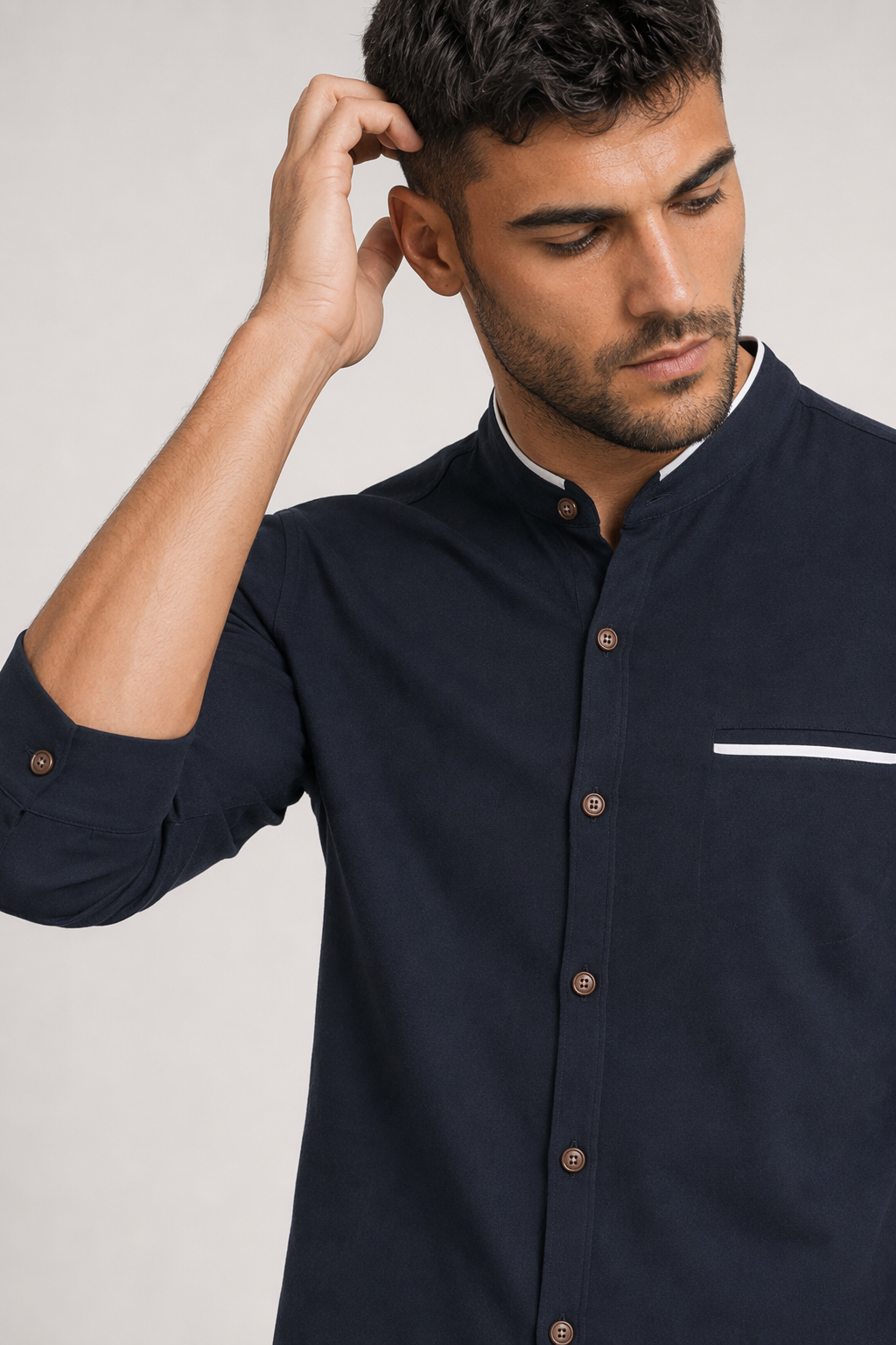 Long Sleeve Button Front Shirt for Men with Mandarin Collar Navy