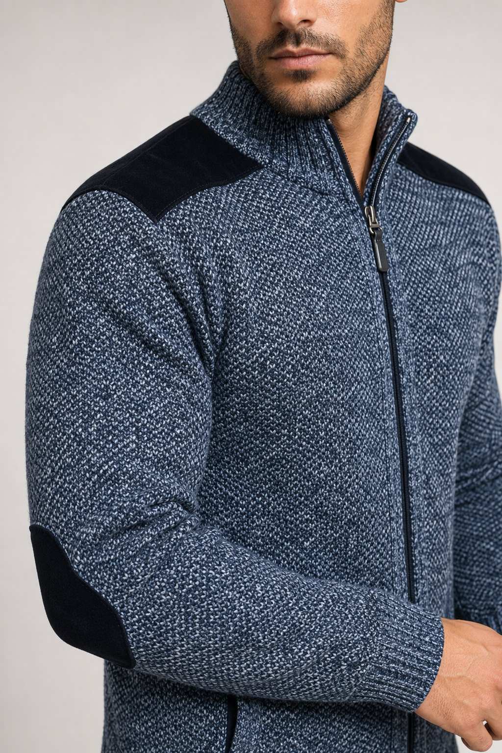 Blue Cardigan for Men with Zip Closure and Elbow Detailing Default