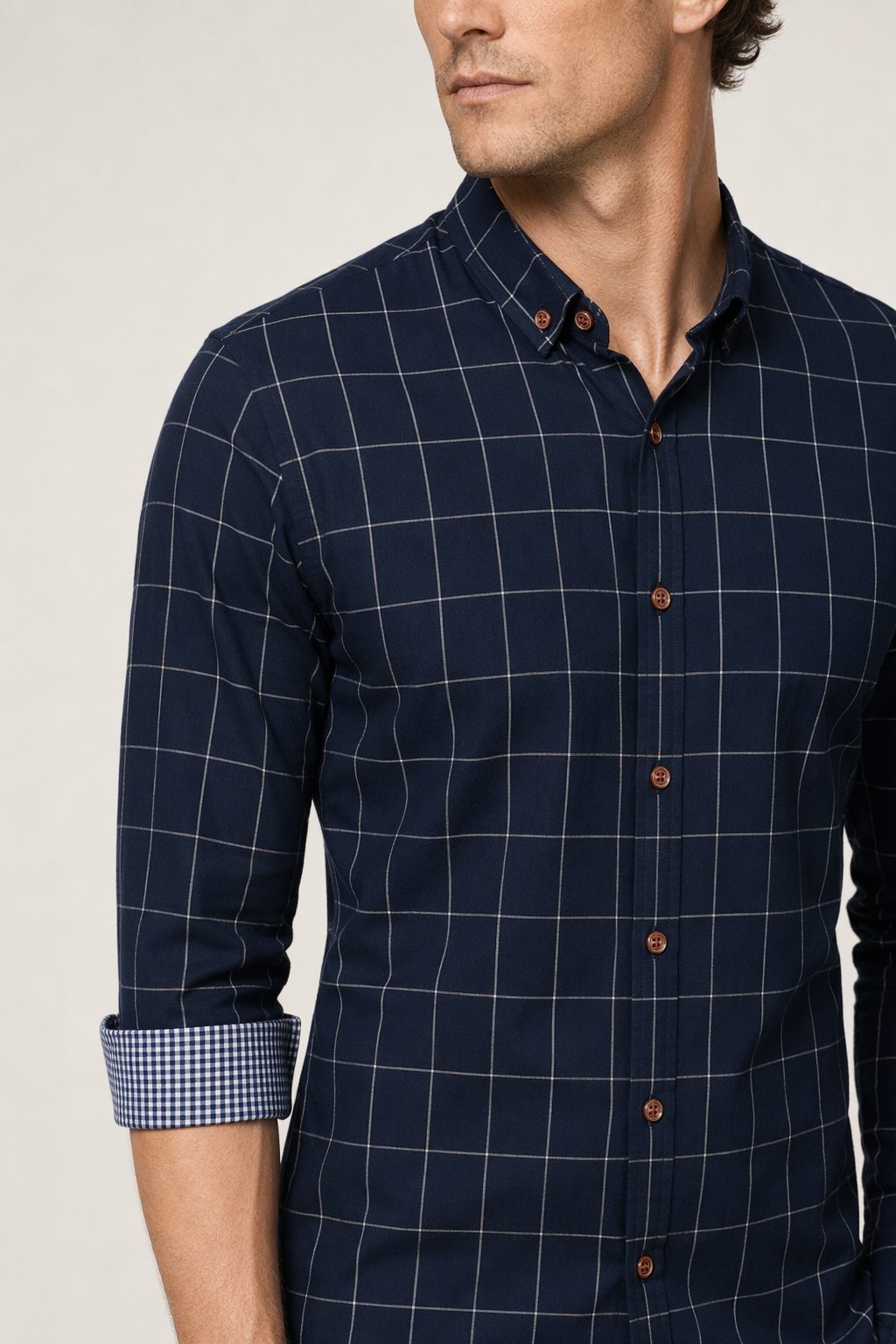 Navy Blue Checkered Button-Up Men's Shirt Default