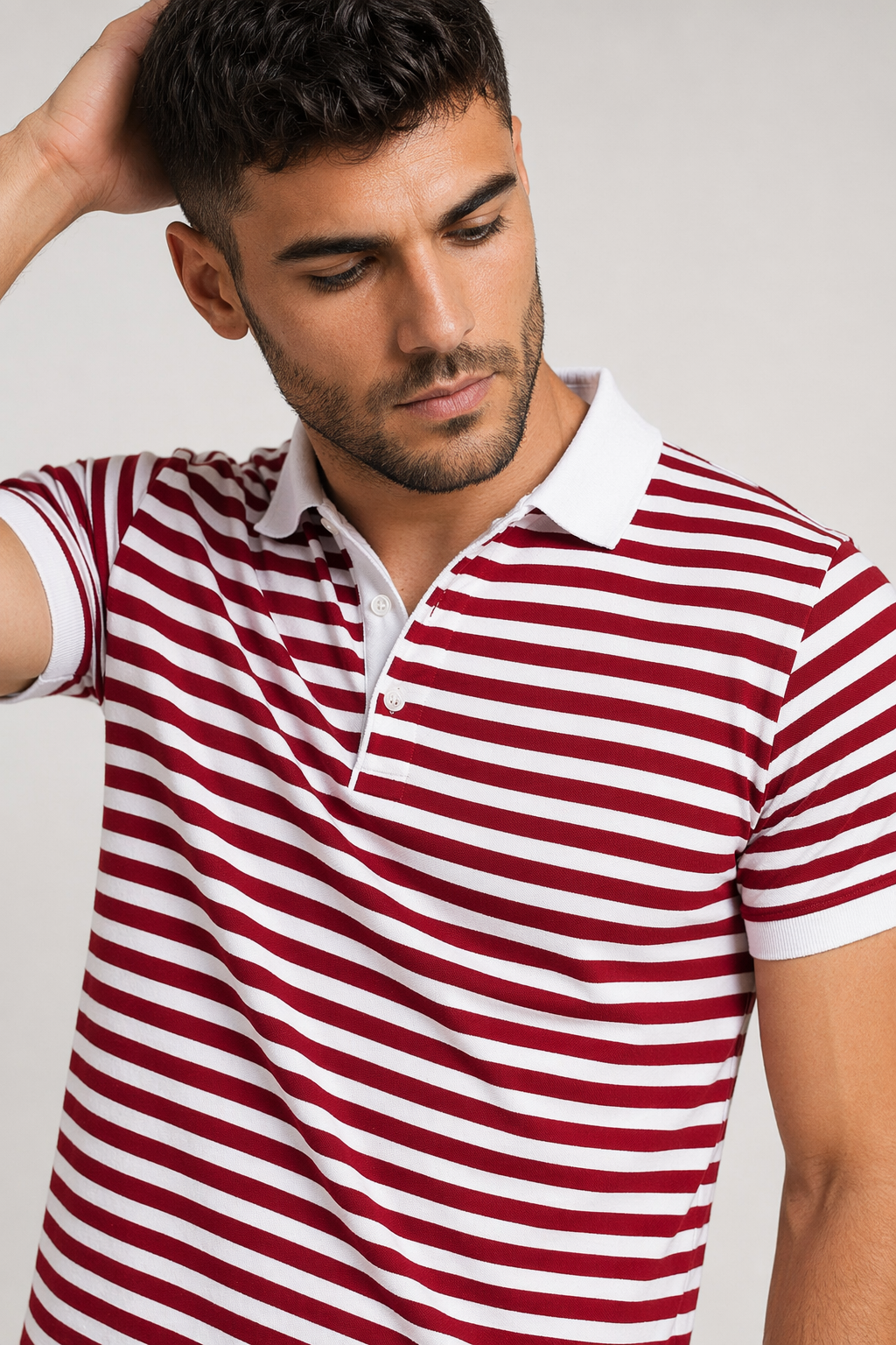 Slim Fit Polo Shirt for Men with Short Sleeves in Stripes Red