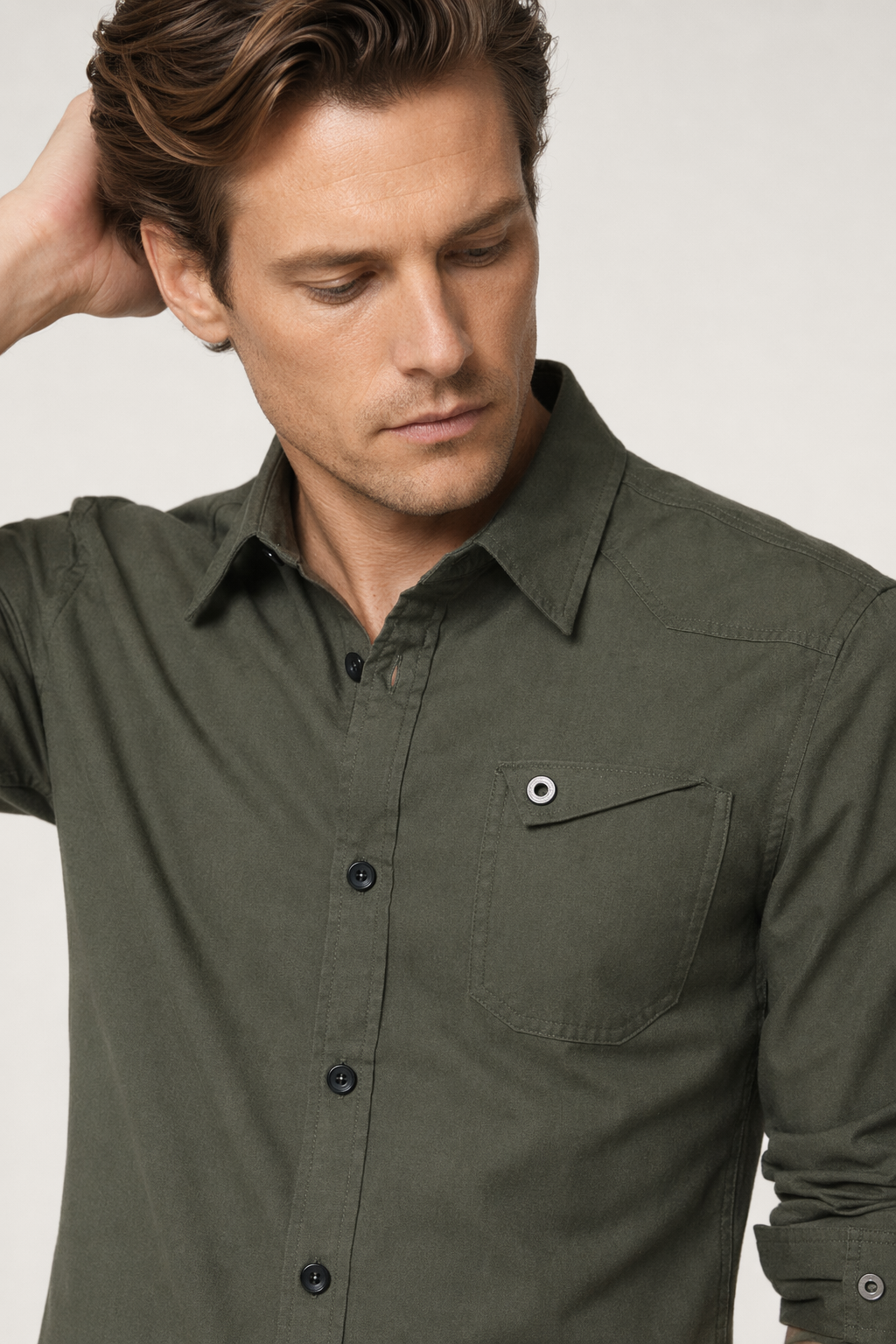 Classic White Long Sleeve Shirt with Flip Pocket and Button Front for Men Army Green
