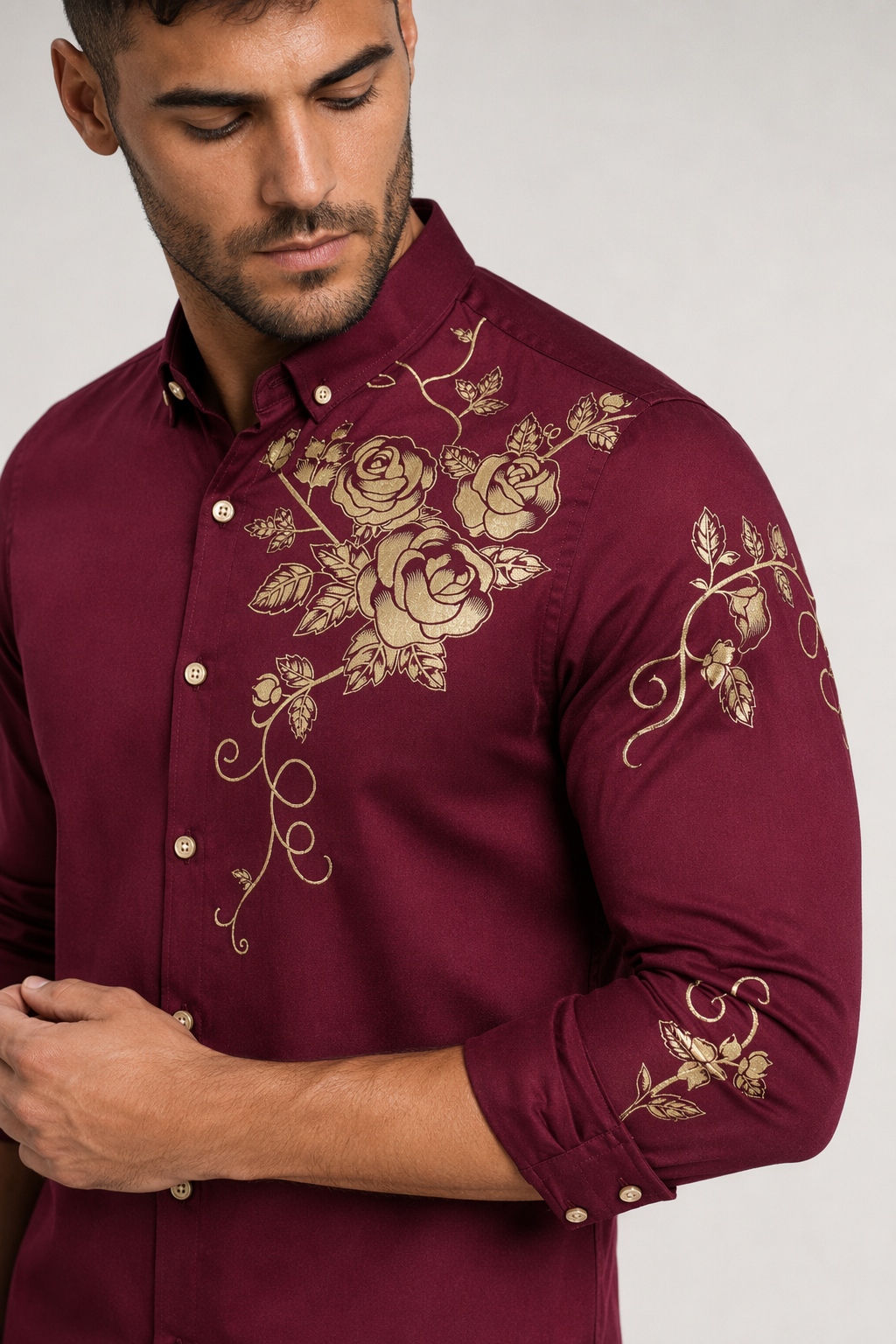 Floral Print Men's Button-Down Shirt Red