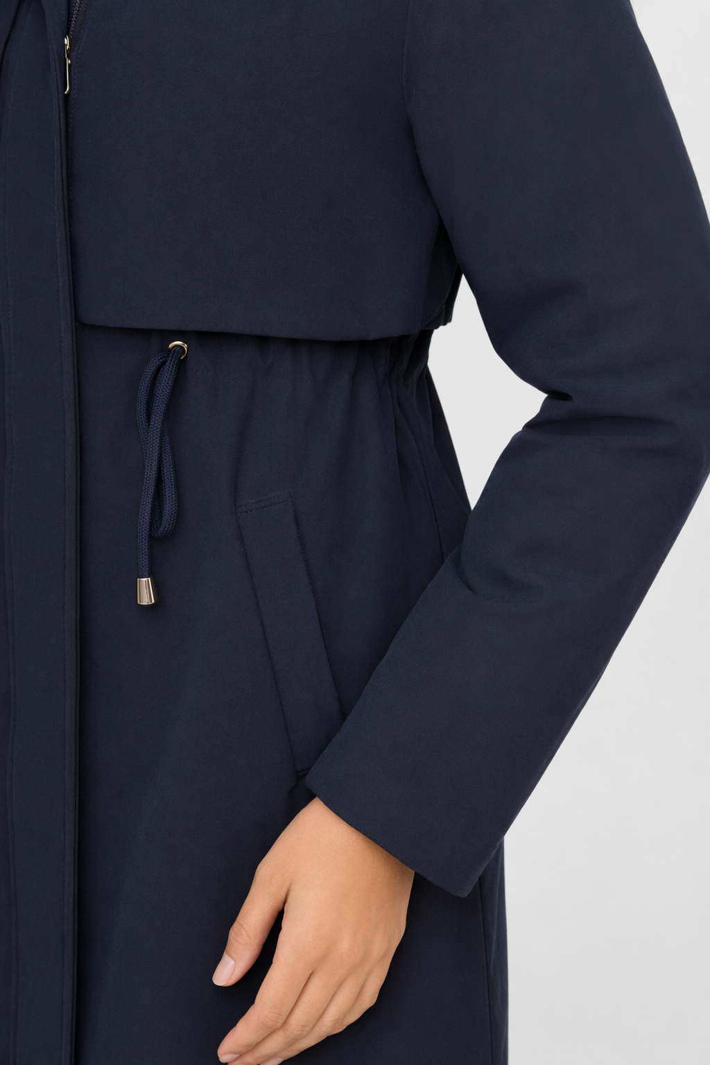 Detachable Faux Fur Lined Women's Long Coat with Hood Navy
