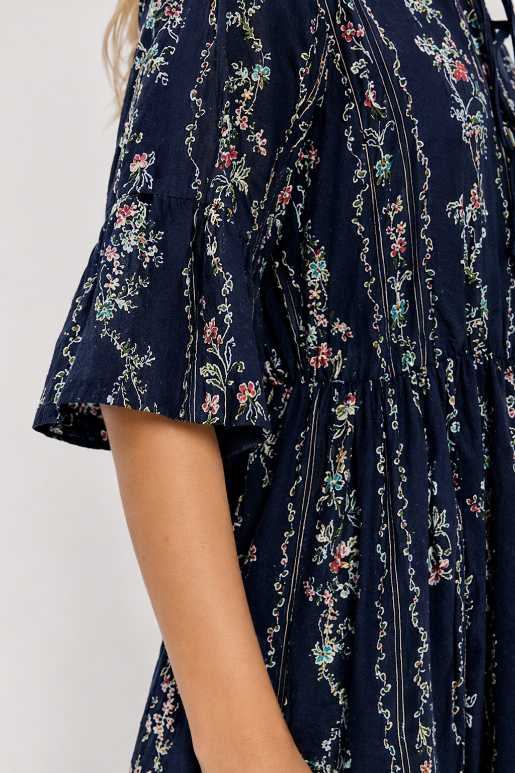 Floral Blouse with Cascading Ruffles for Women Navy