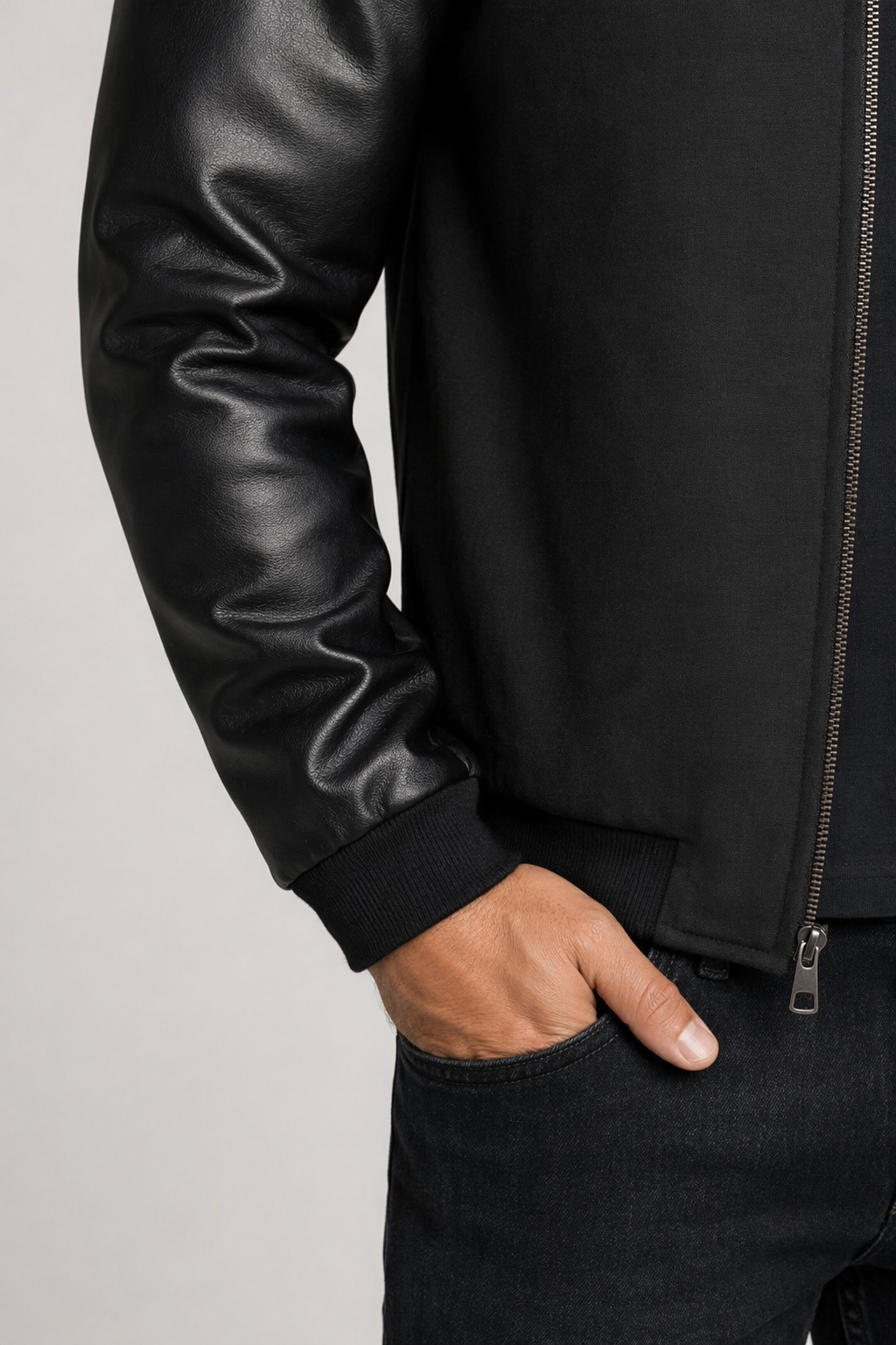 Vegan Leather Sleeves Men's Bomber Jacket Black