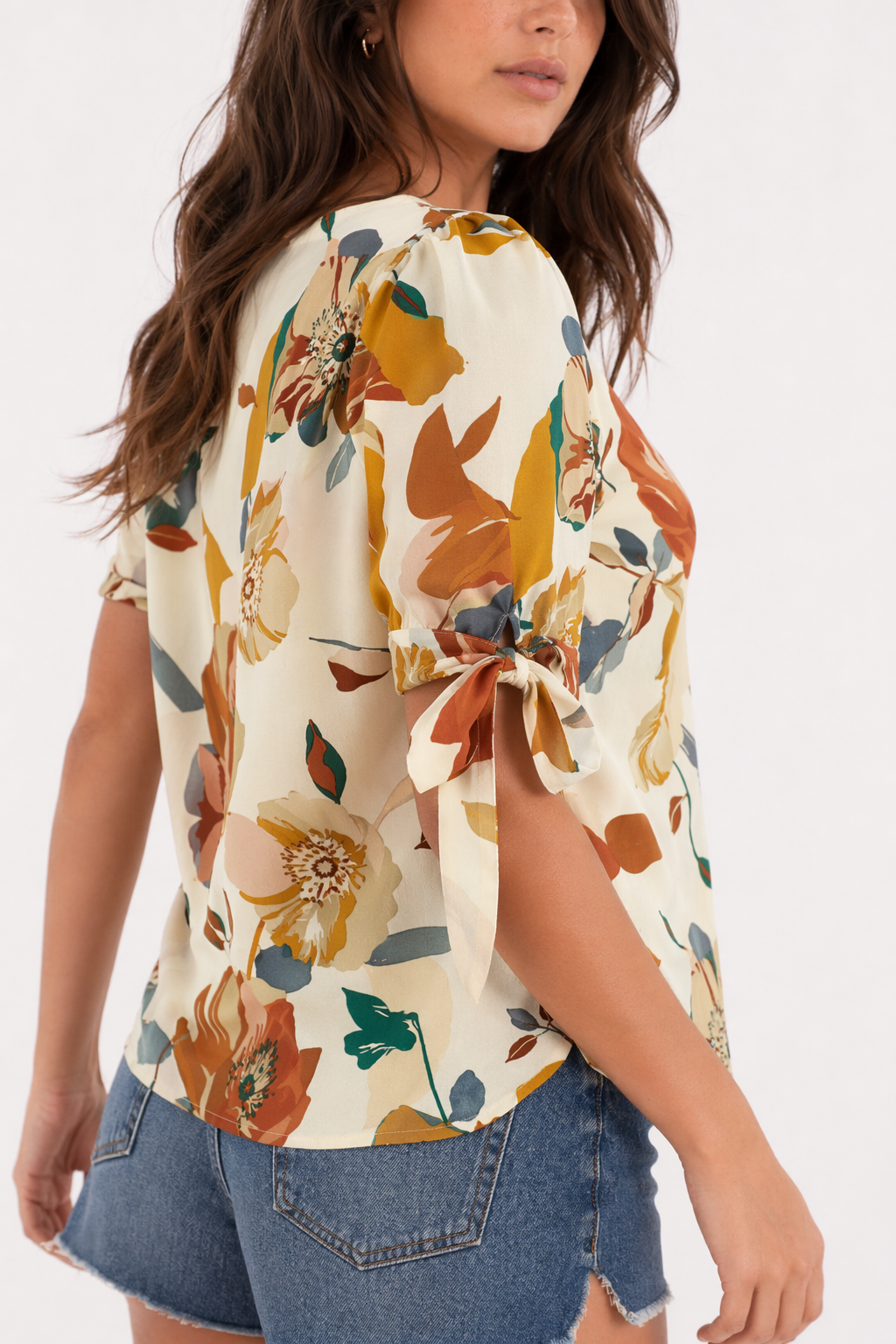 Summer Floral V Neck Top for Women with Vibrant Colors Beige