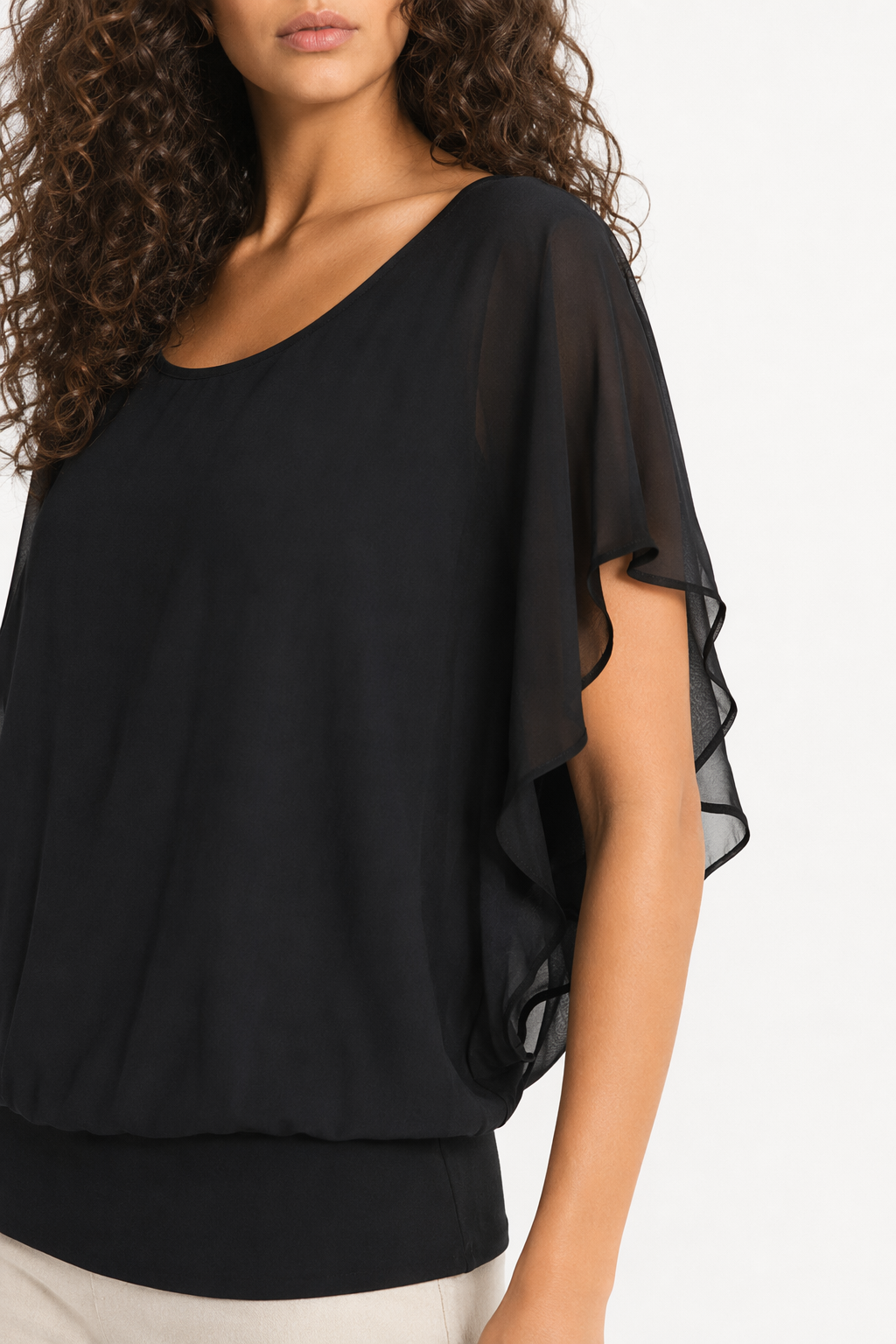 Summer Batwing Chiffon Top for Women Black