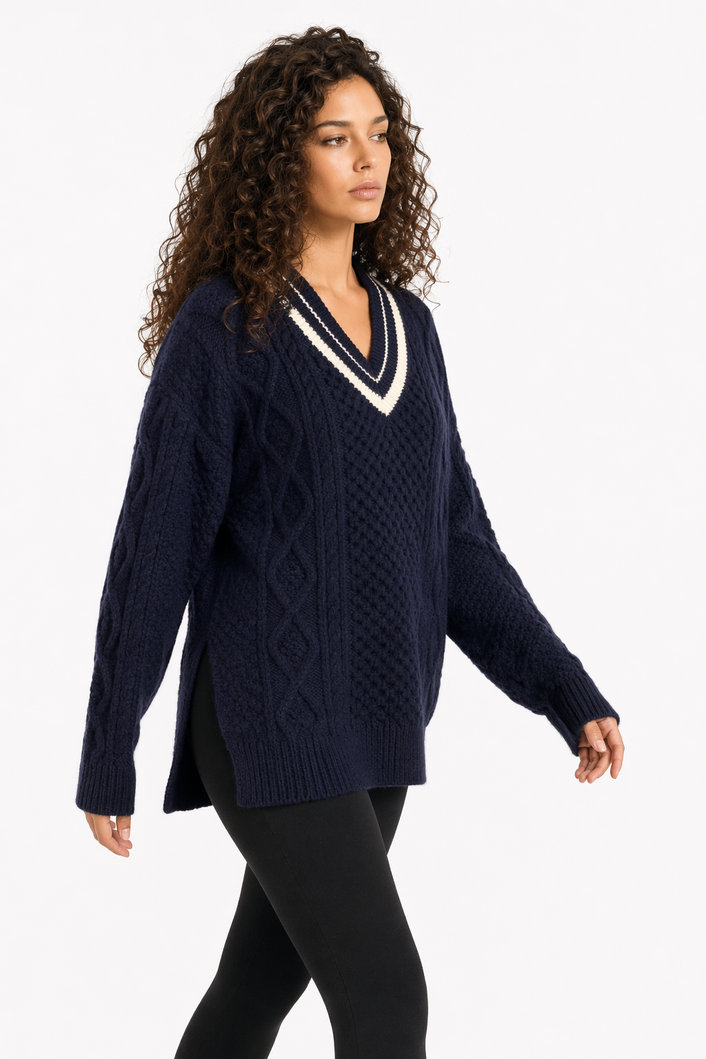 Women's Sweater with Cable-Knit Design and V-Neckline Navy