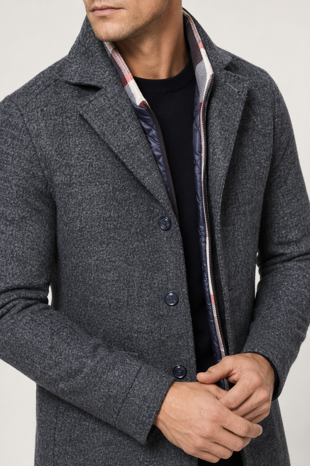 Layered Look Military Coat for Men with Classic Button Front Gray