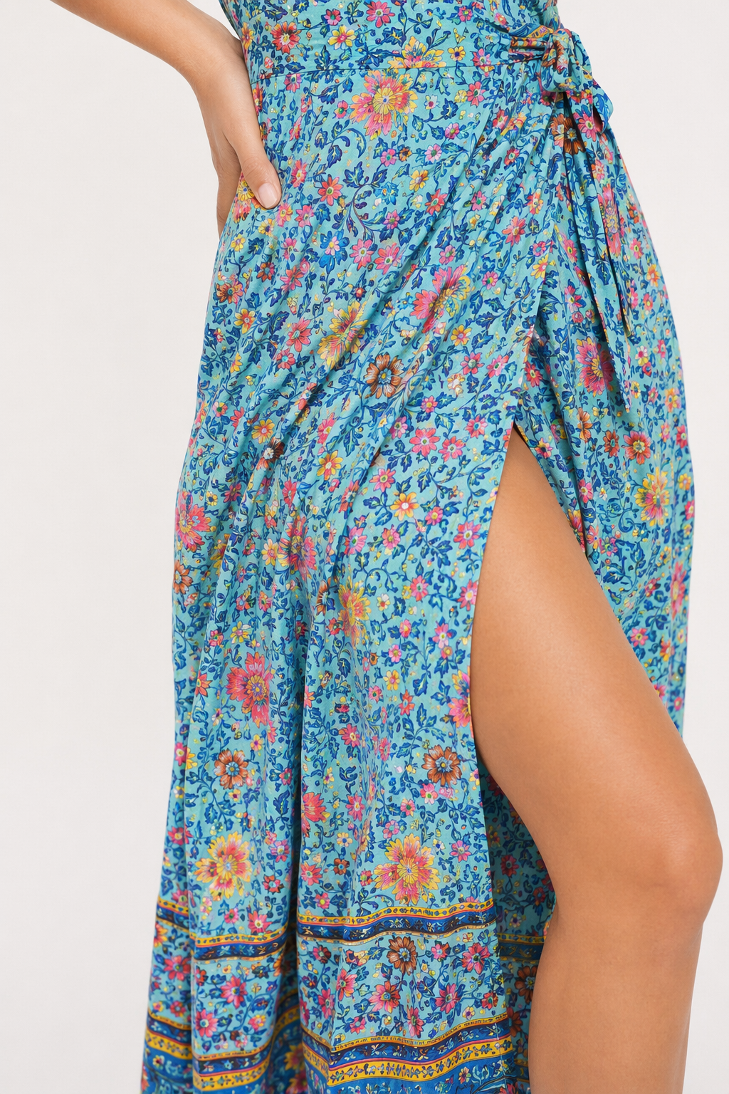 Floral Maxi Dress with V Neck and Wrap Design for Women Blue